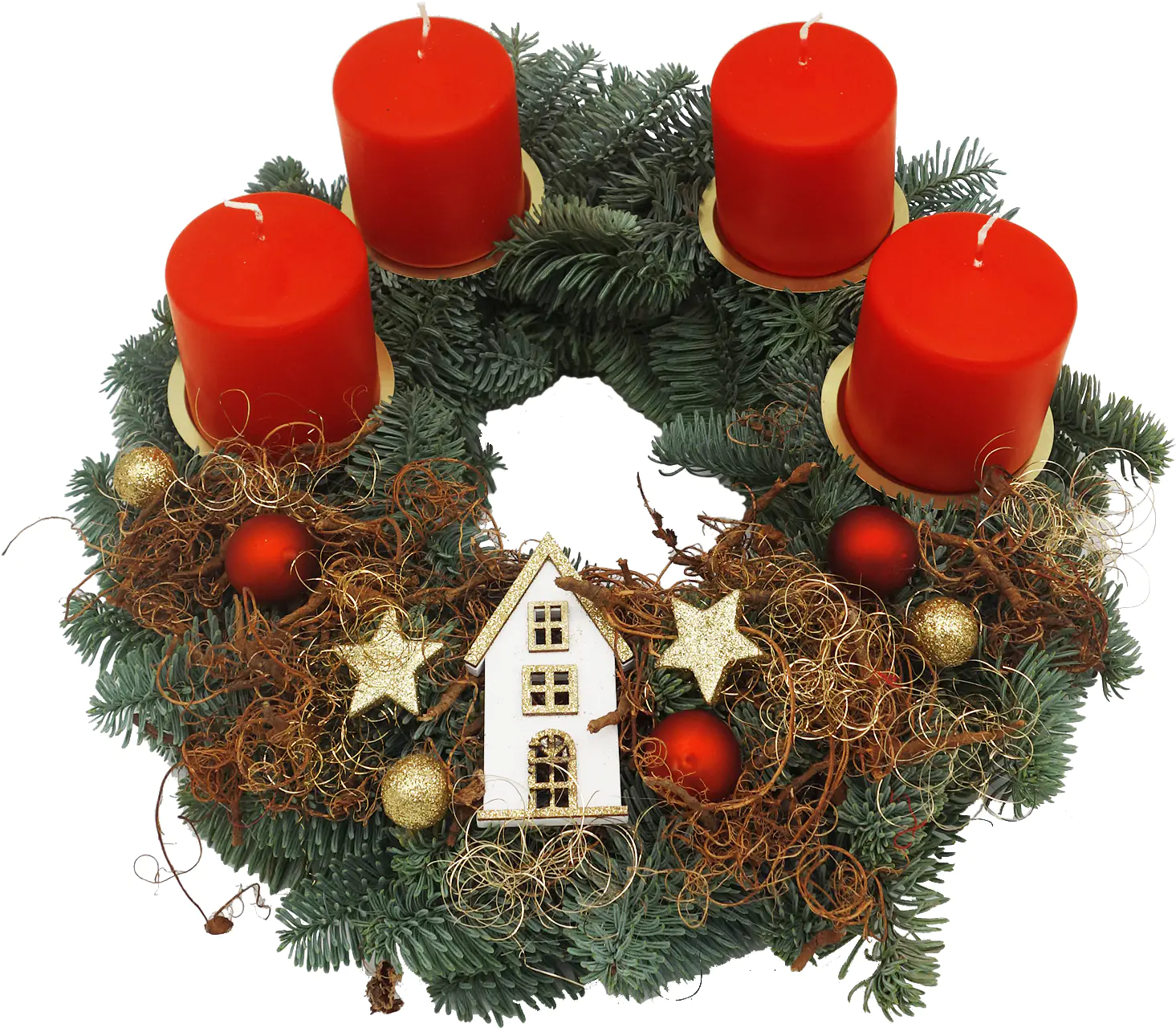 Adventskranz mit 4 Kerzen Ø 30 cm X-MAS Holzhaus rot Adventskranz mit 4 Kerzen Ø 30 cm X-MAS Holzhaus rot