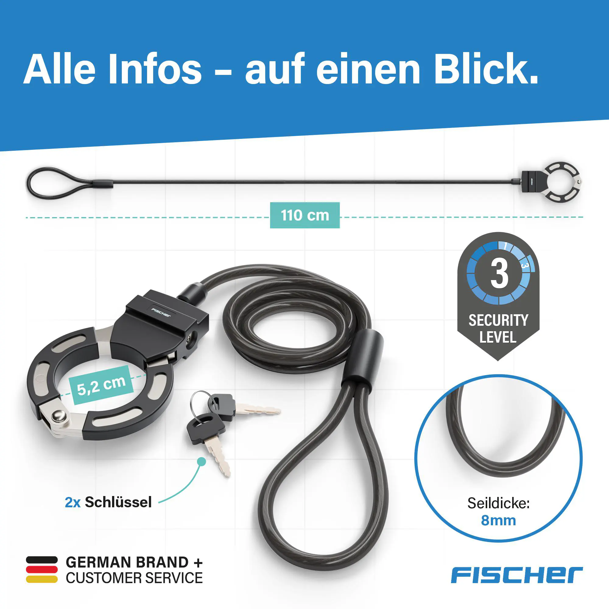 Fischer Handschellenschloss Fahrrad RK110/8 110 cm x Ø 8 mm schwarz