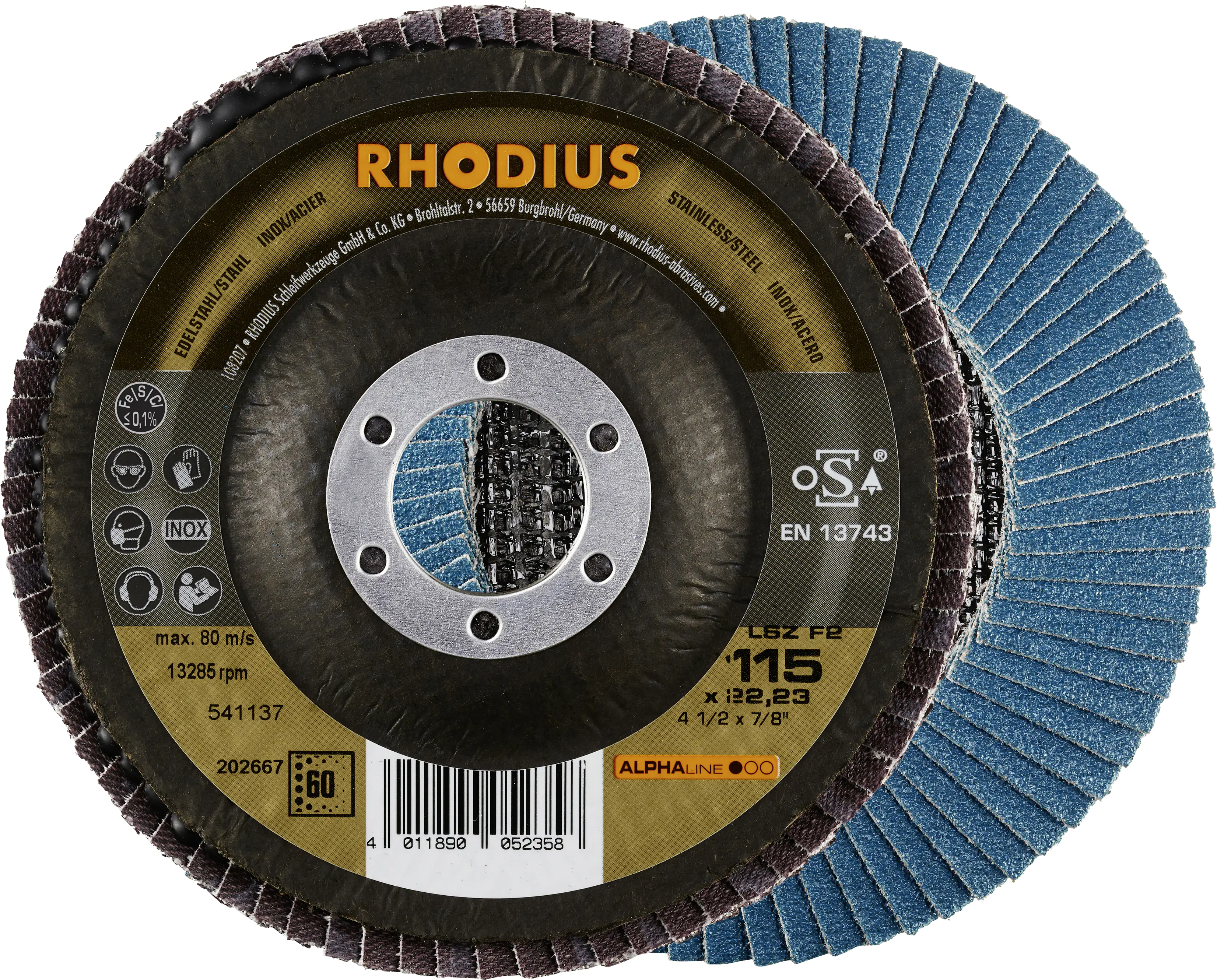 Rhodius Schleifscheibe LSZ F2 K60 Stahl Ø 115 mm Bohrung 22,23 mm