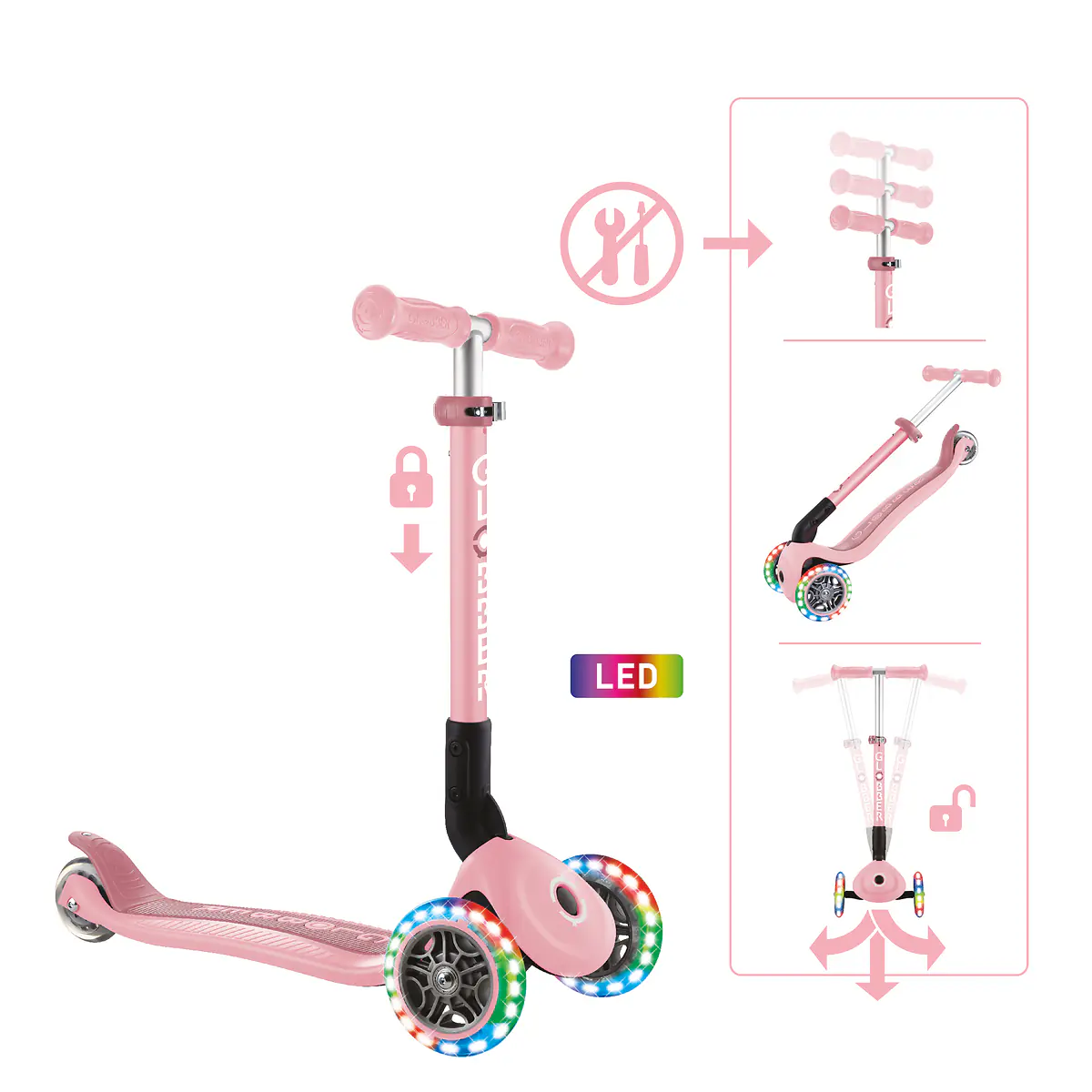 Globber Scooter für Kinder mit Leuchtrollen Junior Foldable Lights pastellrosa