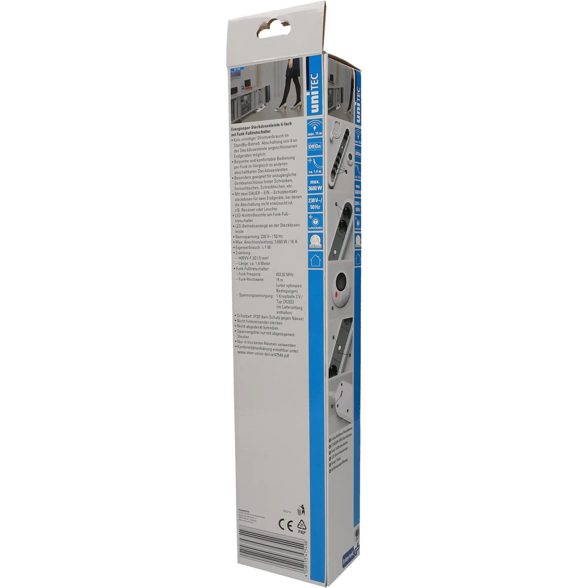 Unitec Steckdosenleiste 6-fach 1,5m mit Funk Fußtretschalter, schwarz weiß
