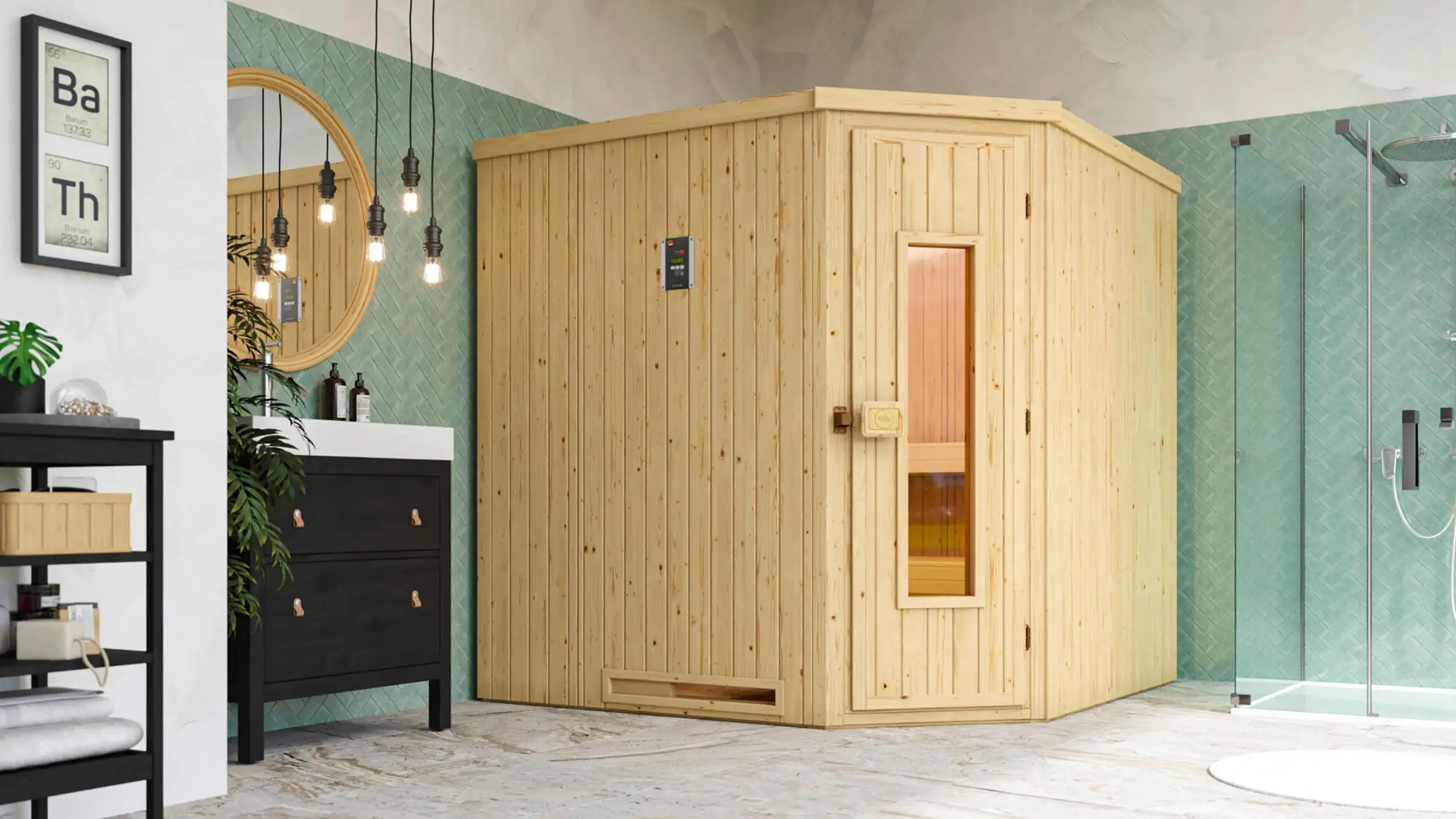 Weka Element-Ecksauna Varberg 3 HT BioS mit Holztür Weka Element-Ecksauna Varberg 3 HT BioS mit Holztür