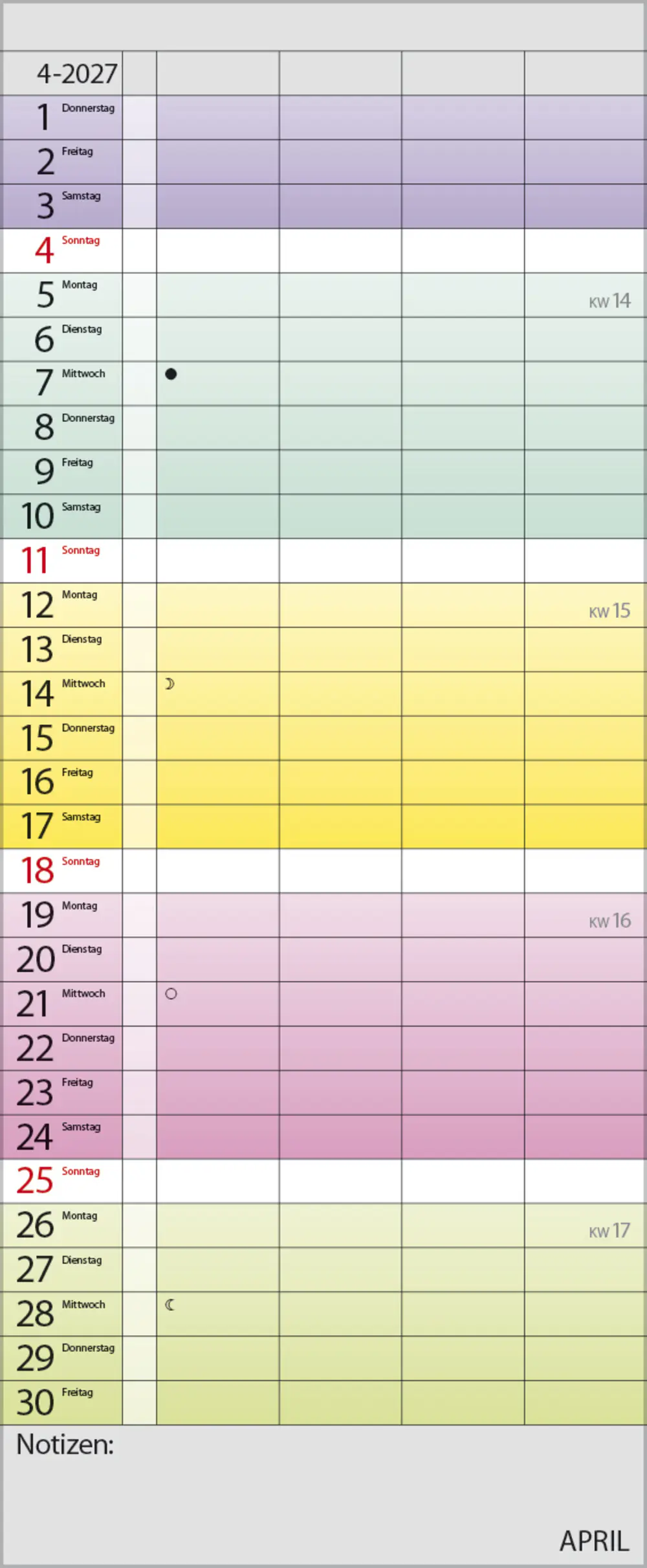 Korsch Kalender Familienplaner 2027 Farbenspiel 19 x 46 cm