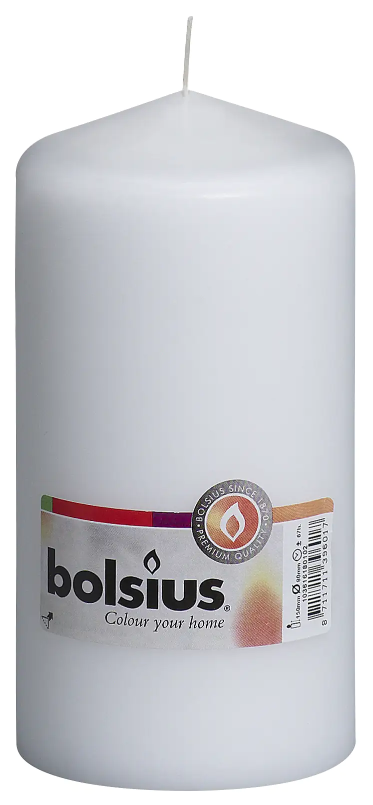 8711711396017 Bolsius Stumpenkerze weiß, Höhe 15 cm, Ø 7,8 cm