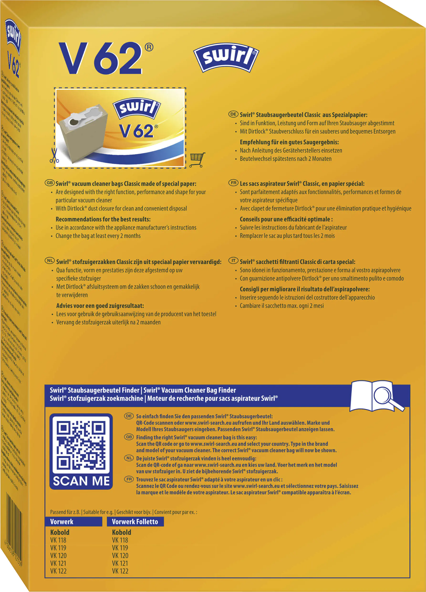 Swirl V 62 Spezialpapier Staubsaugerbeutel 8 Stück