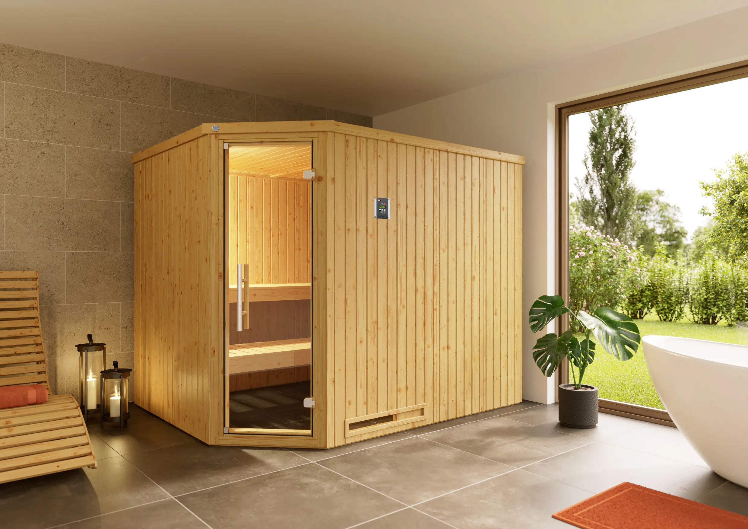 Weka Element-Ecksauna Varberg 4 GT mit Glastür