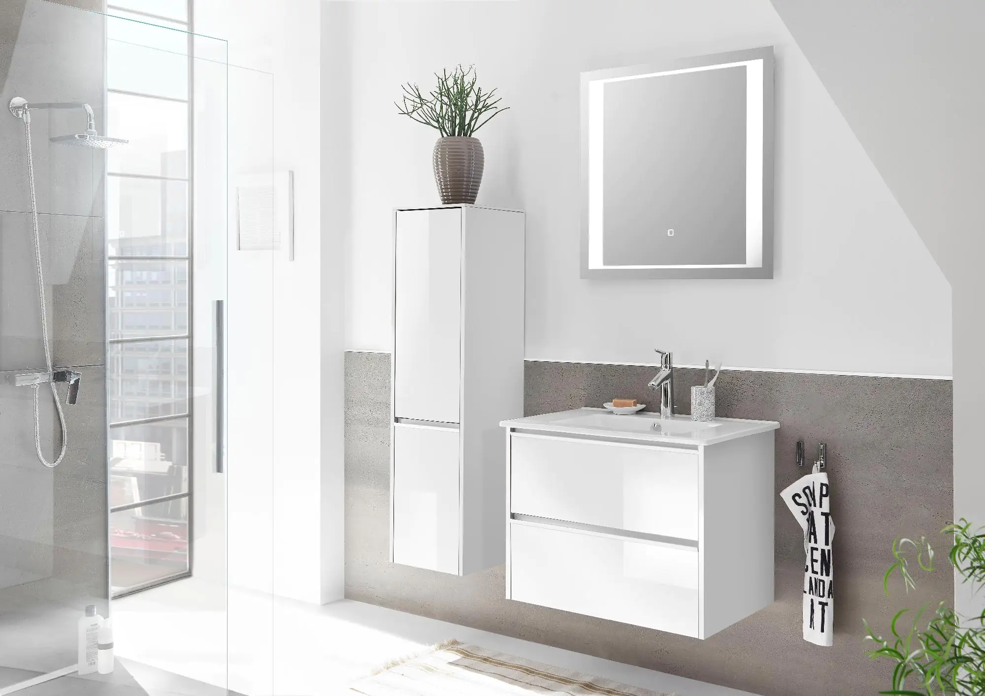 Pelipal Badmöbel-Set 6040 Schneeweiß Glanz/Weiß Glanz mit Funktionsspiegel + Midischrank 104 cm