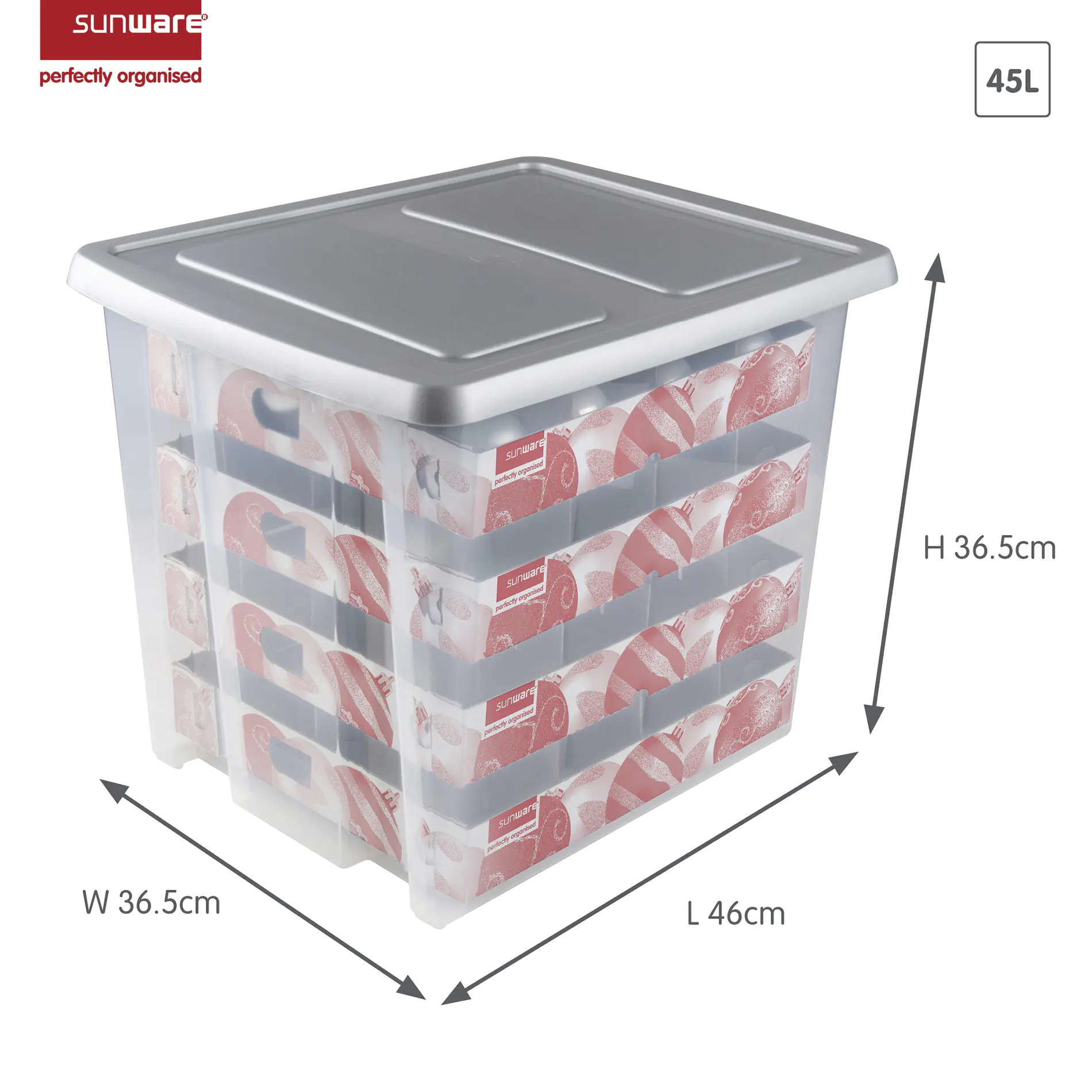 Sunware Weihnachtsbox Nesta 45L mit Einsatz für 64 Kugeln transparent grau