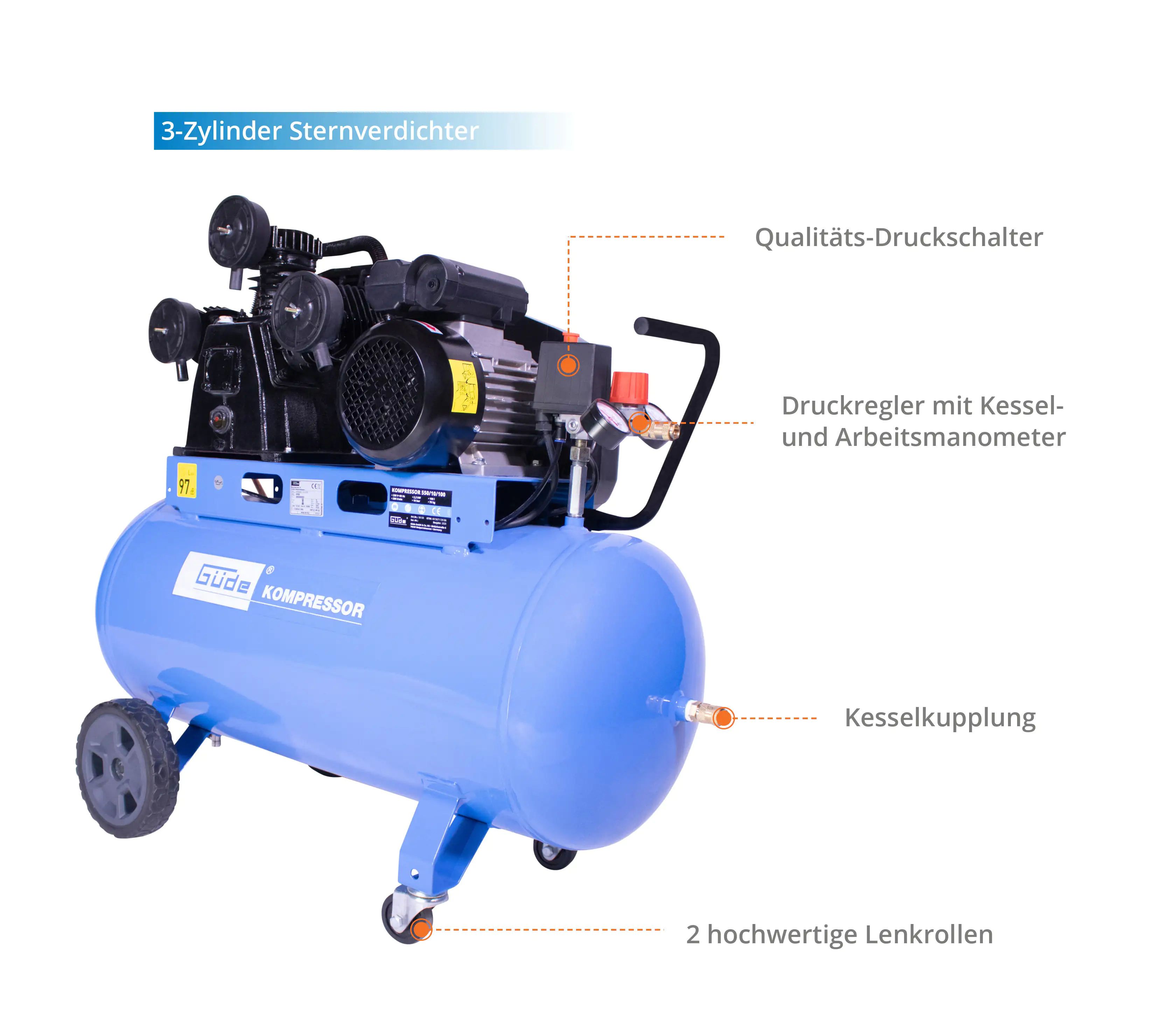 Güde Kompressor 550/10/100 10 bar 100 l 500 l/min 2,2 kW Güde Kompressor 550/10/100 10 bar 100 l 500 l/min 2,2 kW