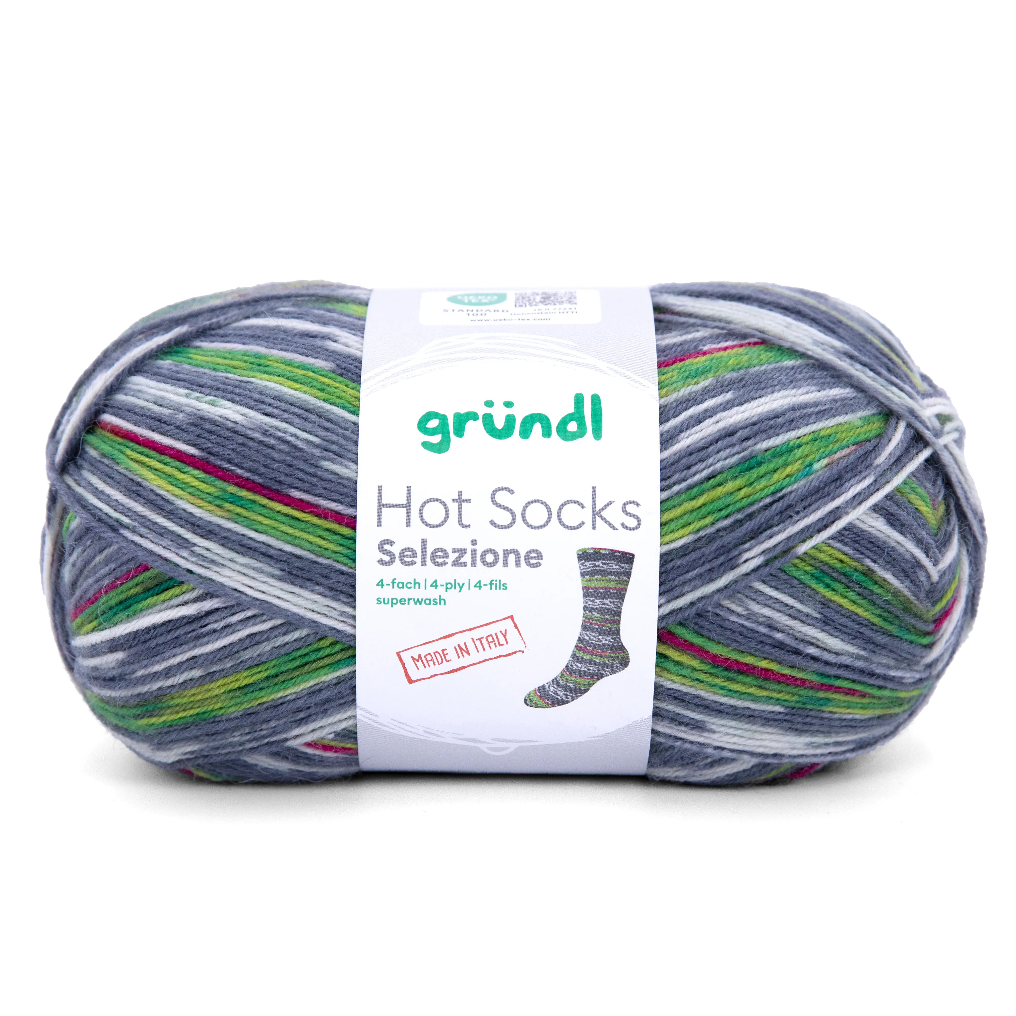 Gründl Sockenwolle Hot Socks 100 g 4-fach, anthrazit-weiß-kussrot-gelbgrün