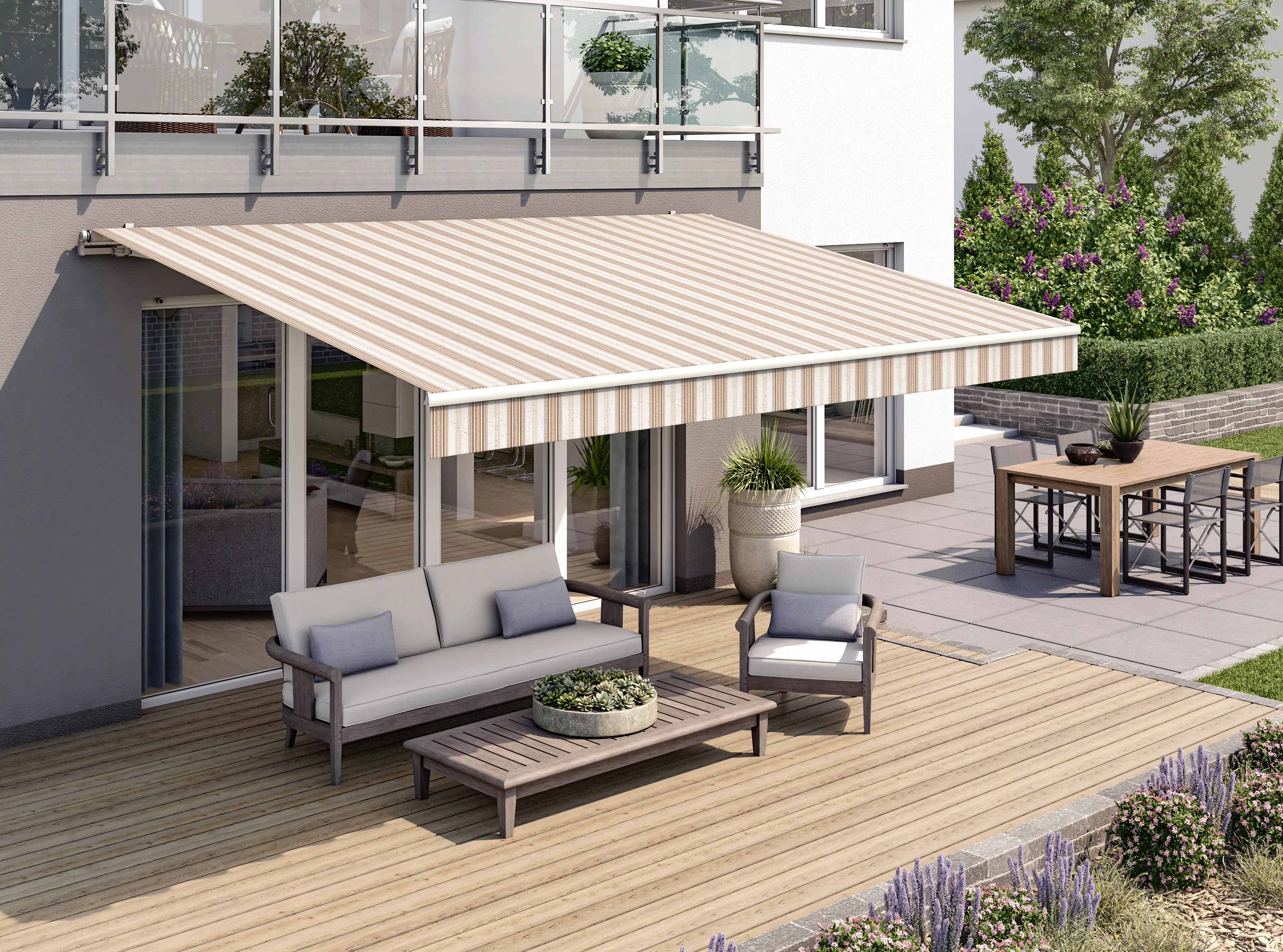 Gelenkarmmarkise Classic braun-beige gestreift inkl. Motor, Handsender, Solar Panel