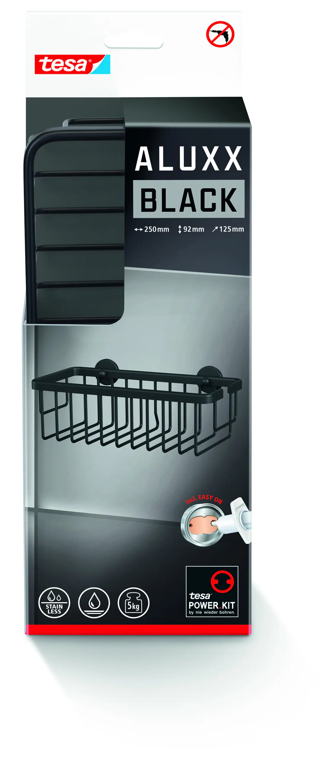 tesa Duschkorb Aluxx zum Kleben viereckig 1 Ablage schwarz matt 25 cm