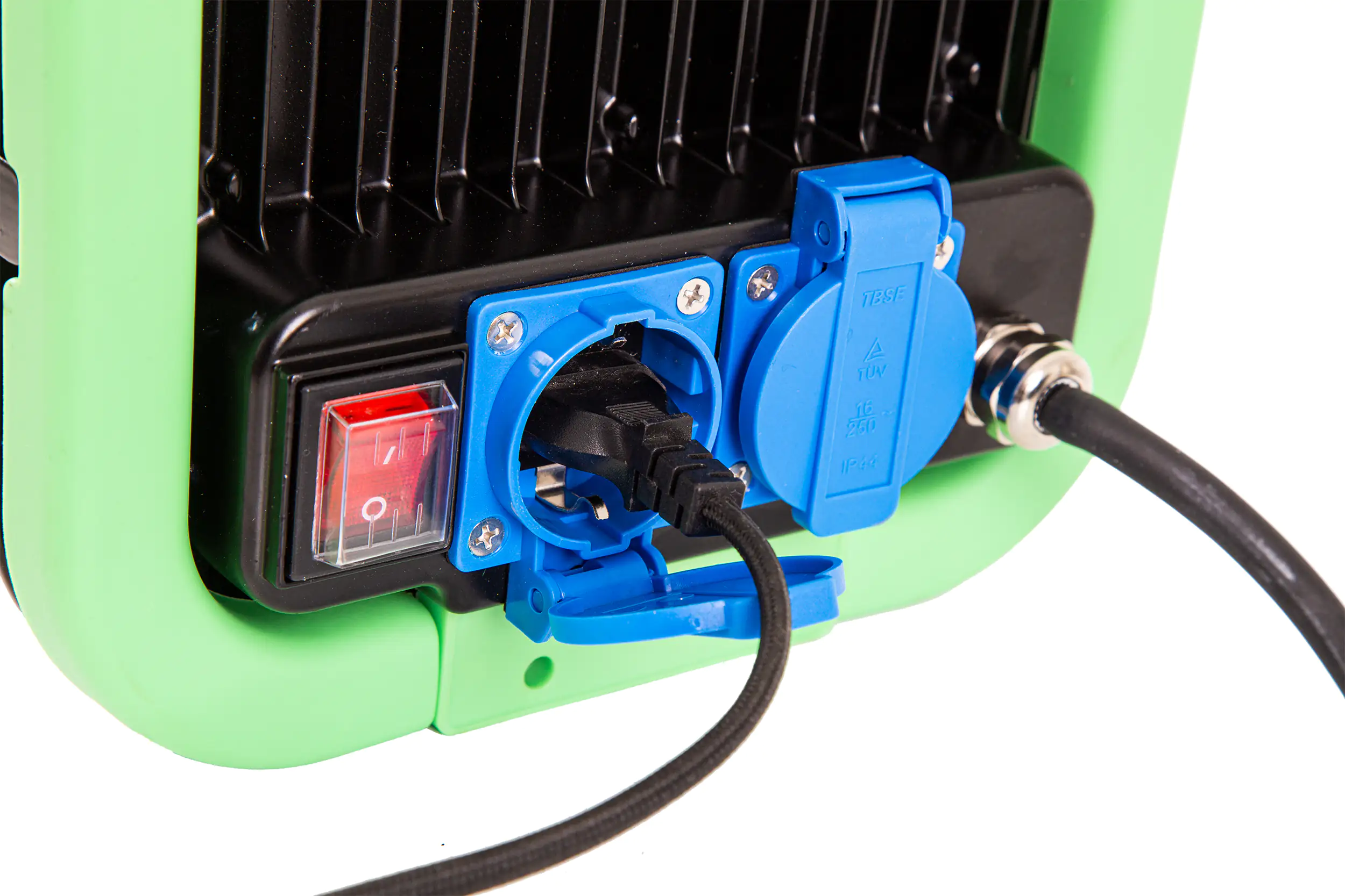 LED Arbeitsleuchte Erik mit zwei Steckdosen, schwarz grün