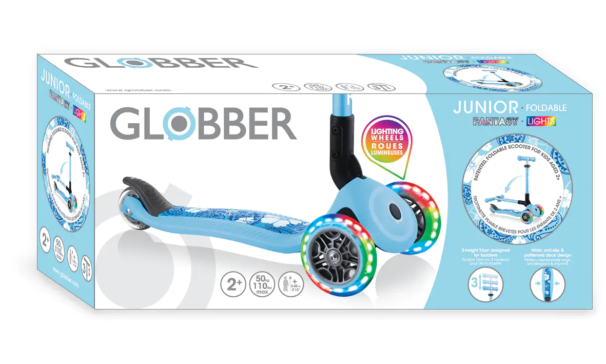 Globber Scooter Junior Foldable Lights pastellblau-Flowers mit Leuchtrollen