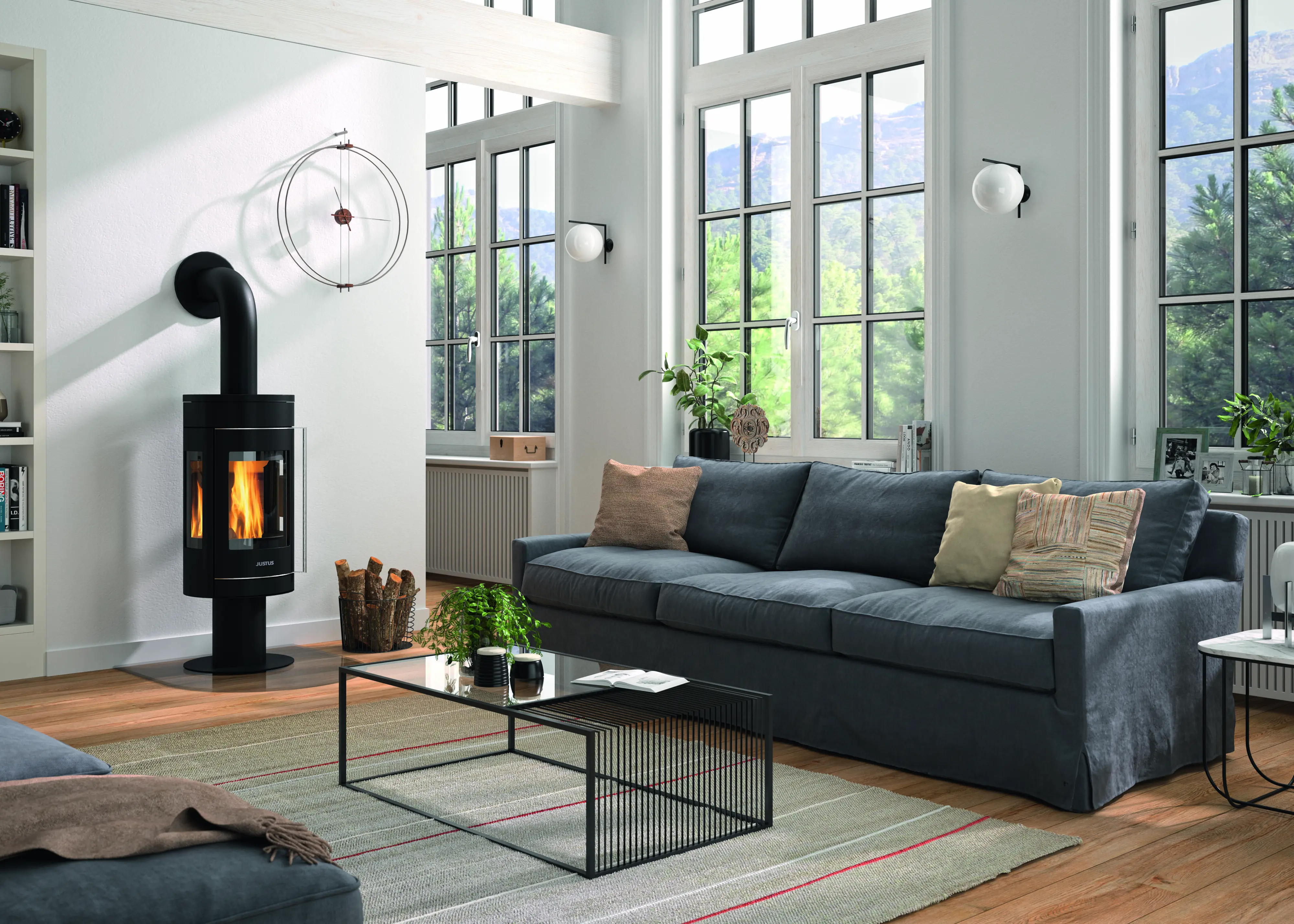 Justus Kaminofen Meva Stahl schwarz mit Abdeckplatte Guss schwarz 5,5 kW