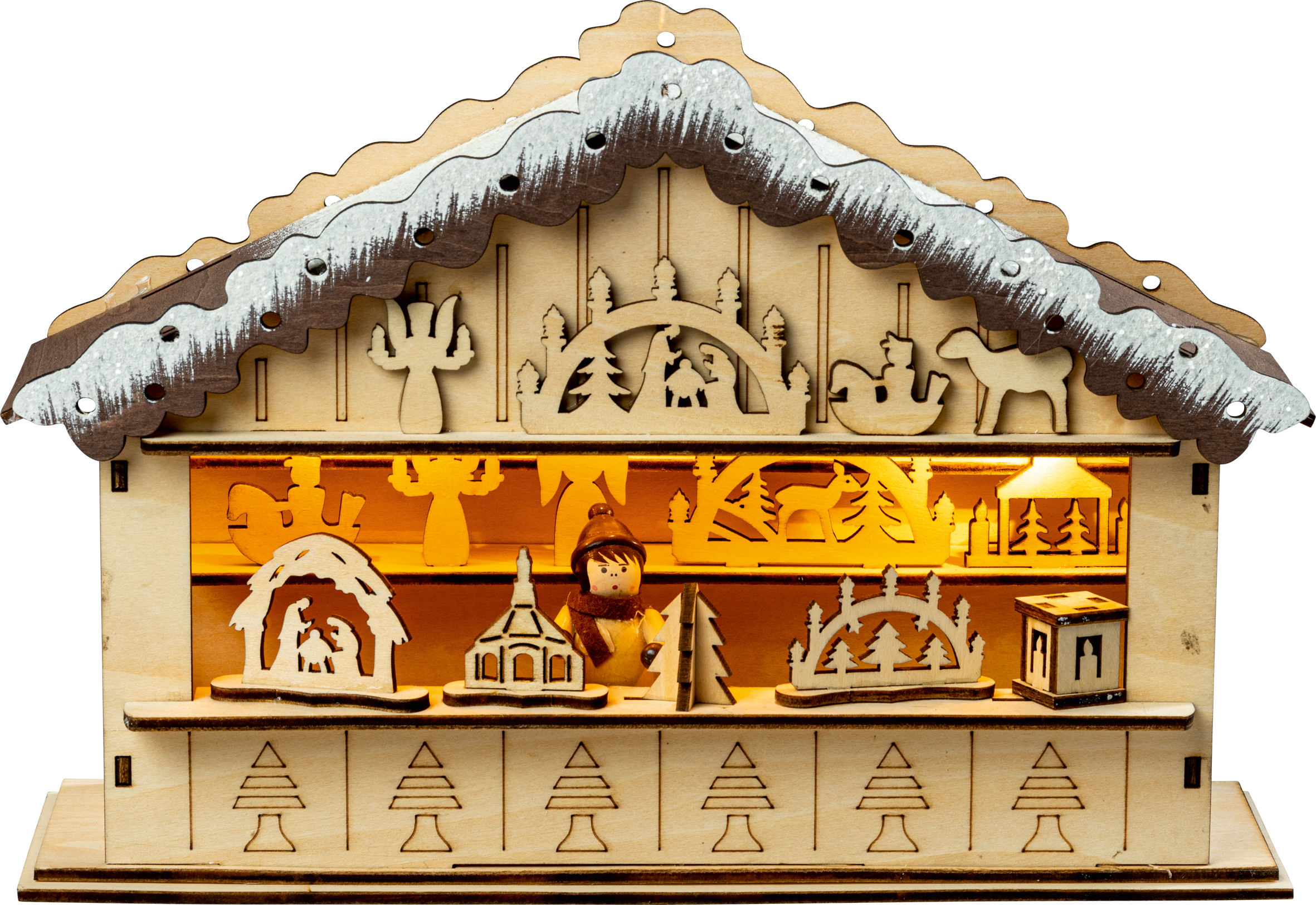 Saico LED-Weihnachtsmarkthütte mit Timer batteriebetrieben Holz 27 cm warmweiß natur