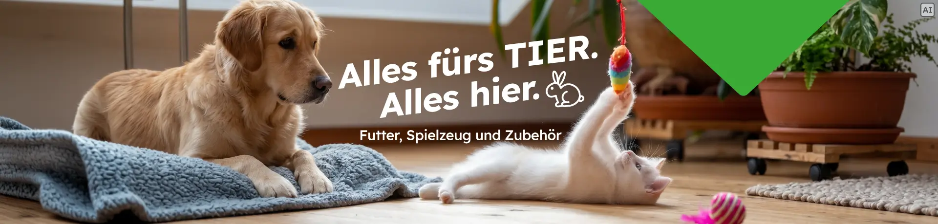„Alles fürs TIER. Alles hier. – Futter, Spielzeug und Zubehör“ mit Hund und spielender Katze in einem Wohnraum.