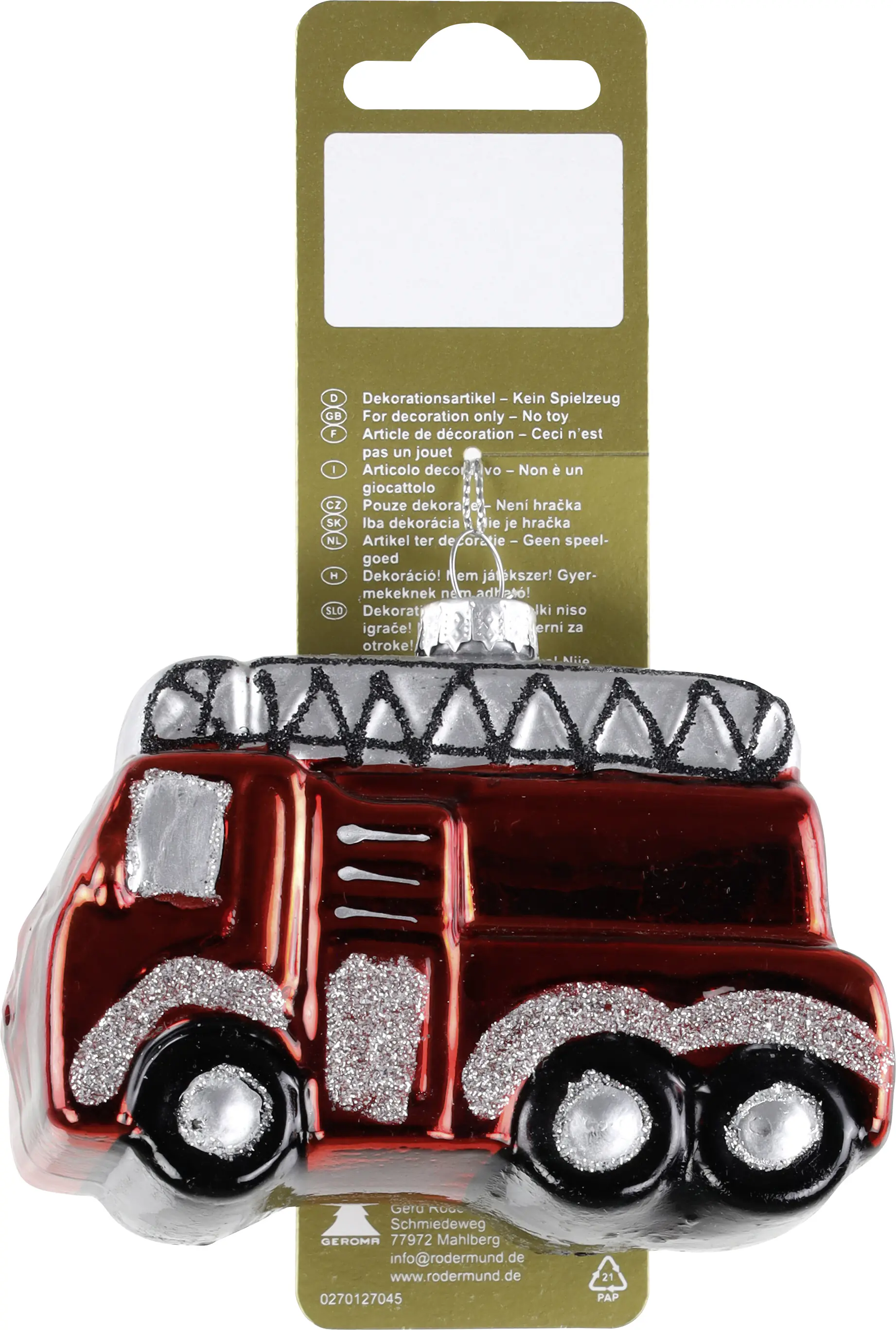 Weihnachtsanhänger Feuerwehr LKW aus Glas 10 x 8,5 cm rot