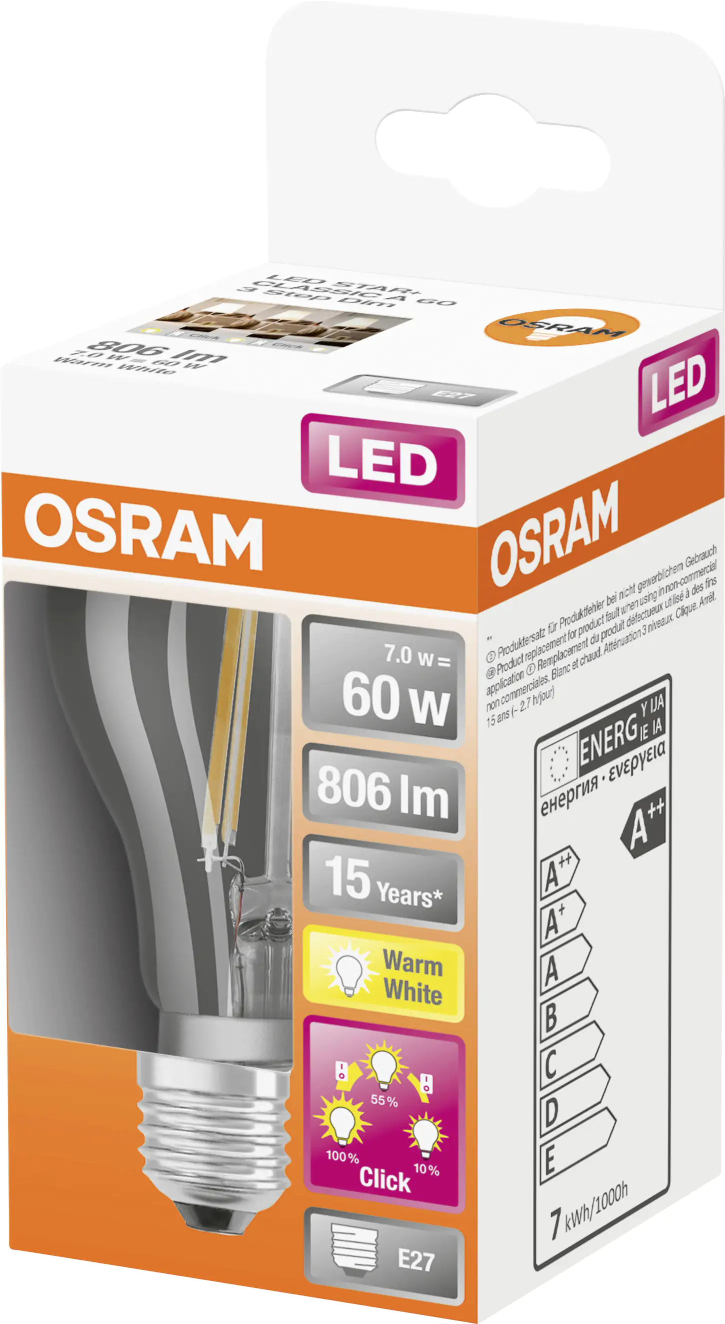 Osram LED Leuchtmittel Three Step Classic A E27 7 W warmweiß dimmbar klar