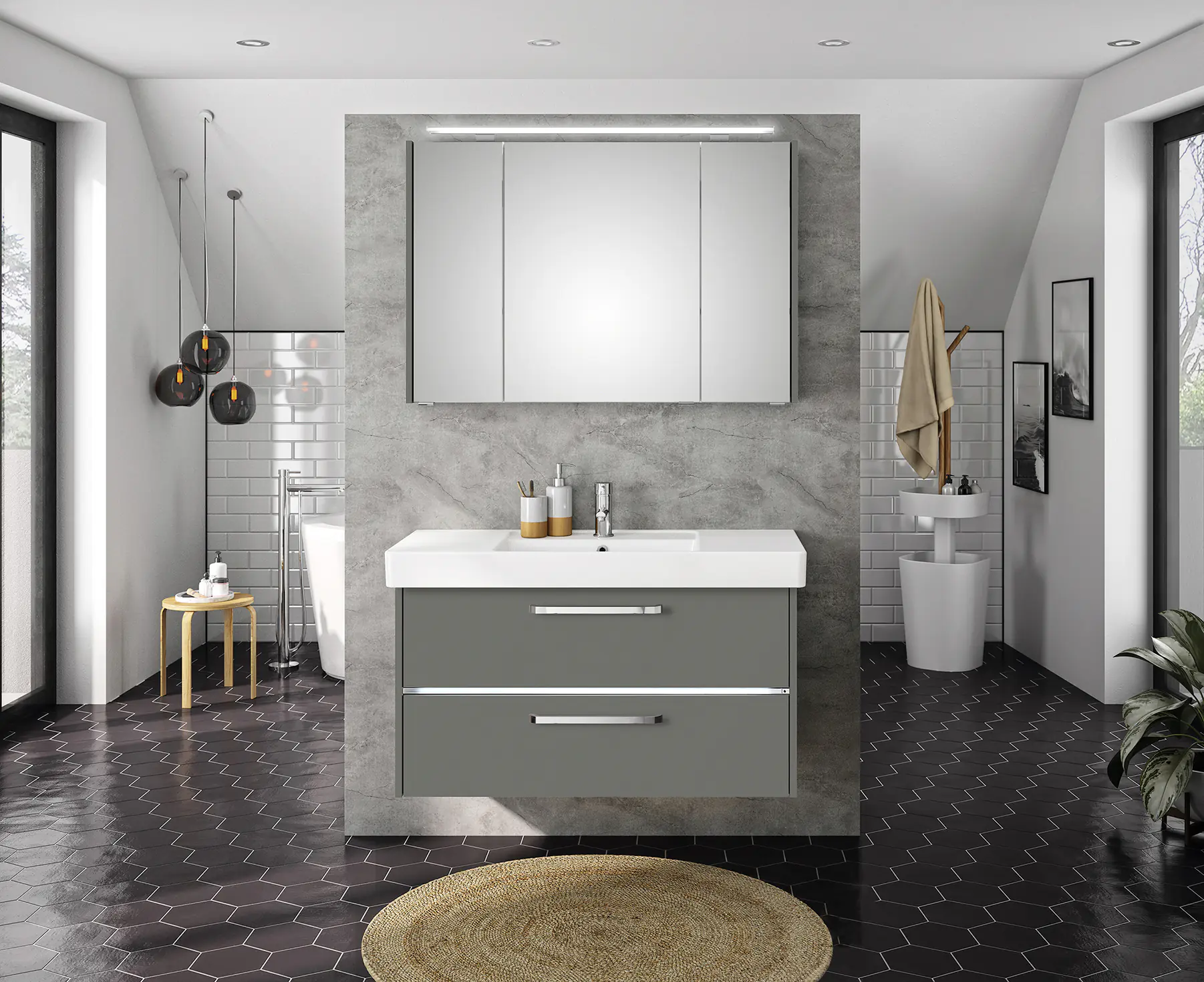 Primaster Badmöbel-Set Berlin grau 105 cm LED-Leuchten, Keramikwaschtisch