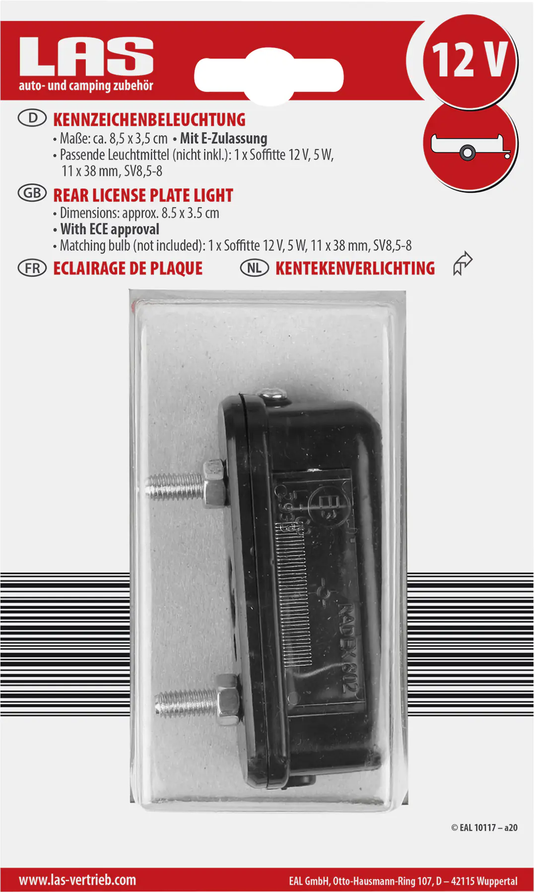 LAS Kennzeichenbeleuchtung 85x35mm für Anhänger