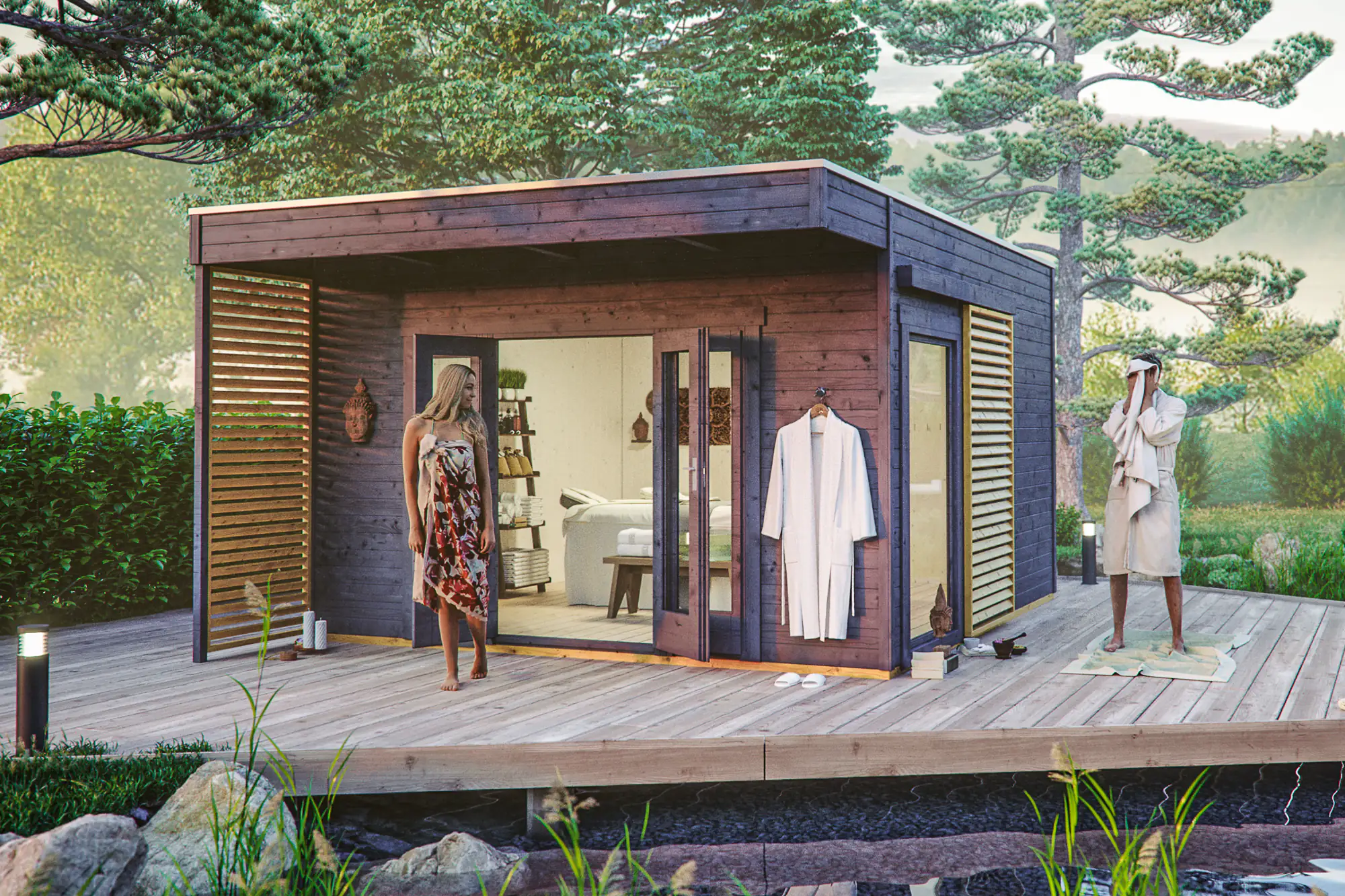 SKAN HOLZ Gartenhaus Tokio 4 402 x 402 cm schiefergrau mit Fußboden, doppelschalig