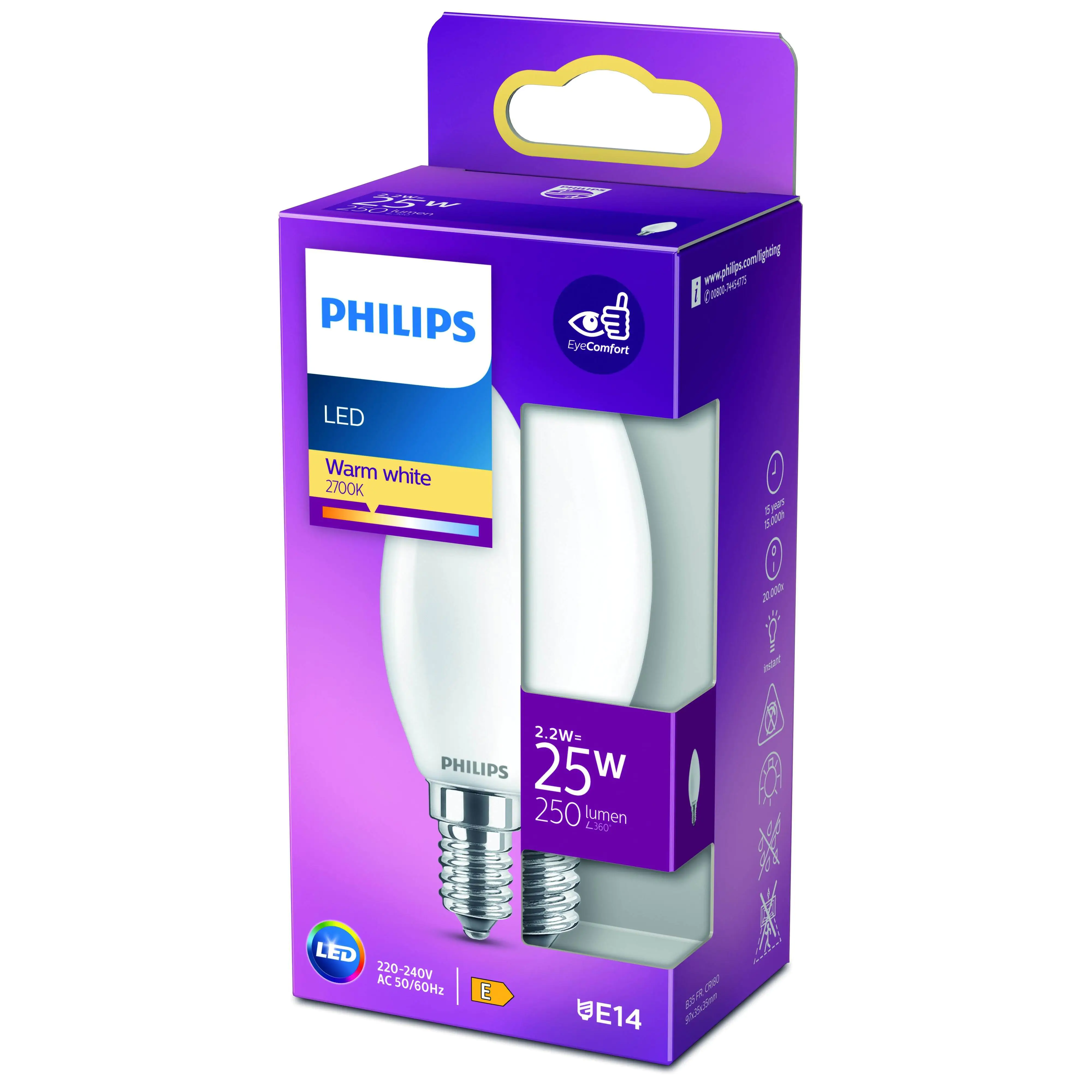 Philips LED-Leuchtmittel Filament Kerzenform B35 E14 2,2W warmweiß matt