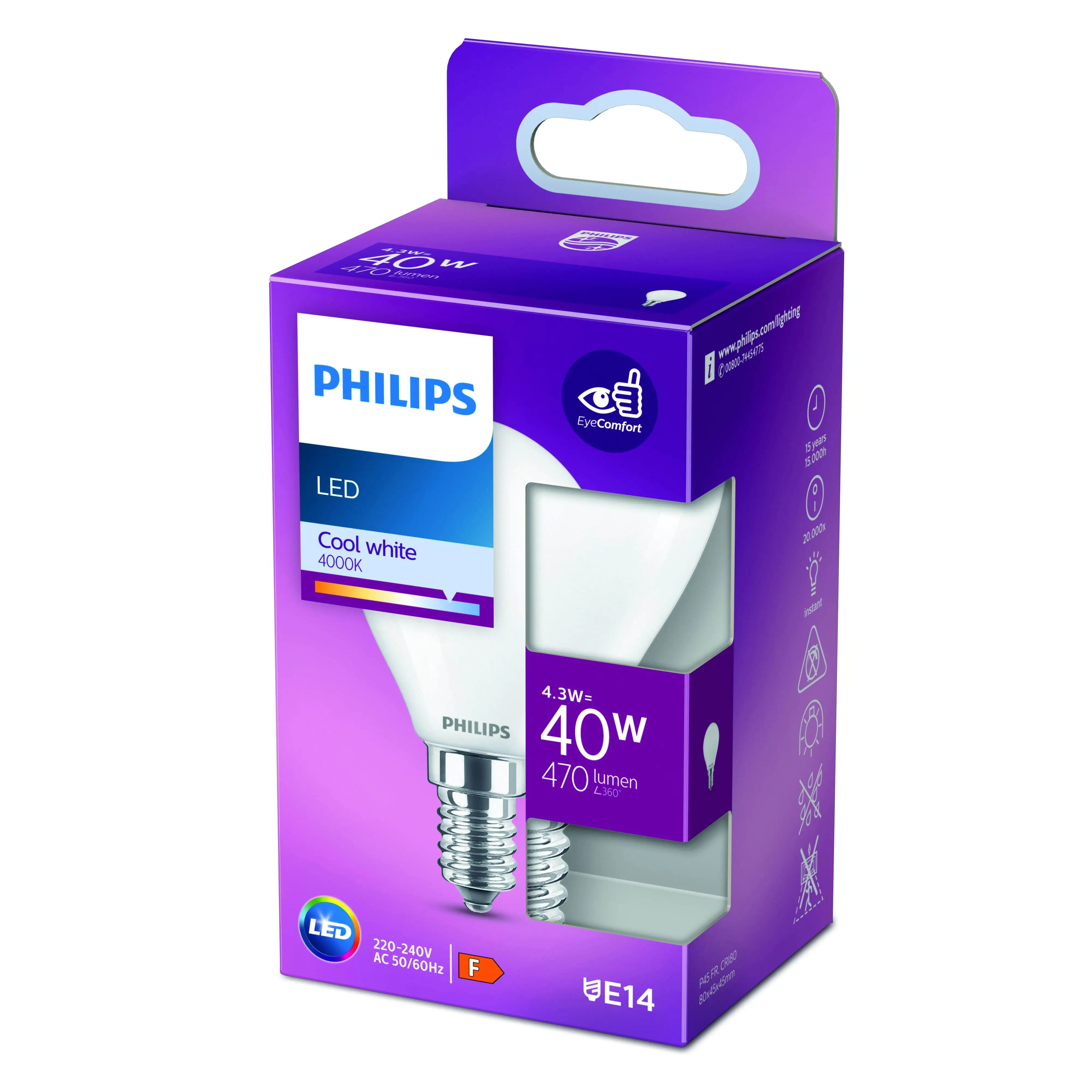 Philips LED-Leuchtmittel Filament Tropfenform P45 E14 4,3W neutralweiß matt