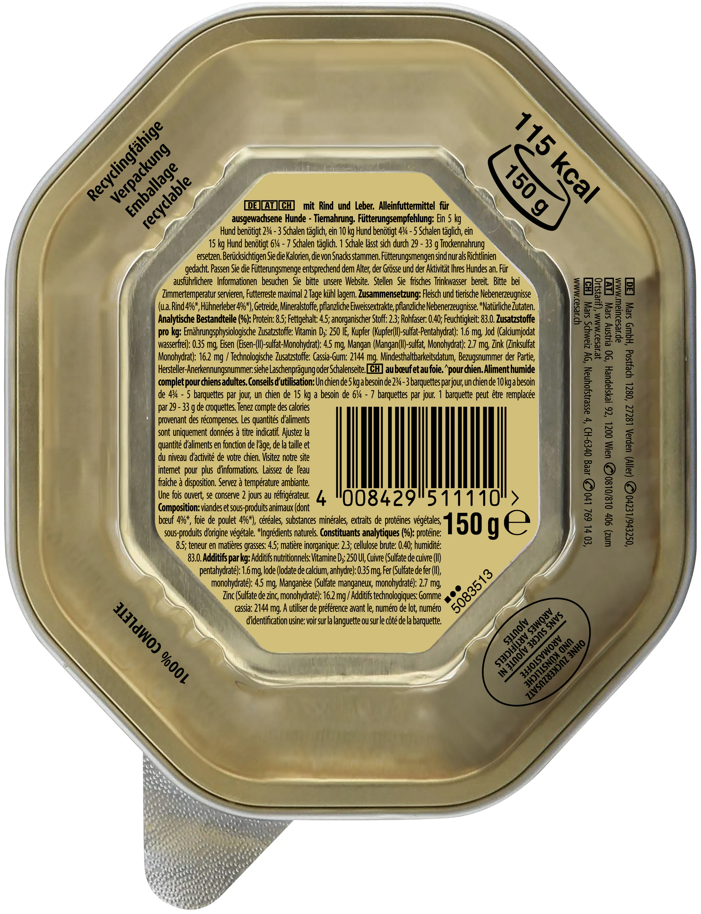 Cesar Hundenassfutter Klassik-Terrine Adult 150 g Rind & Leber