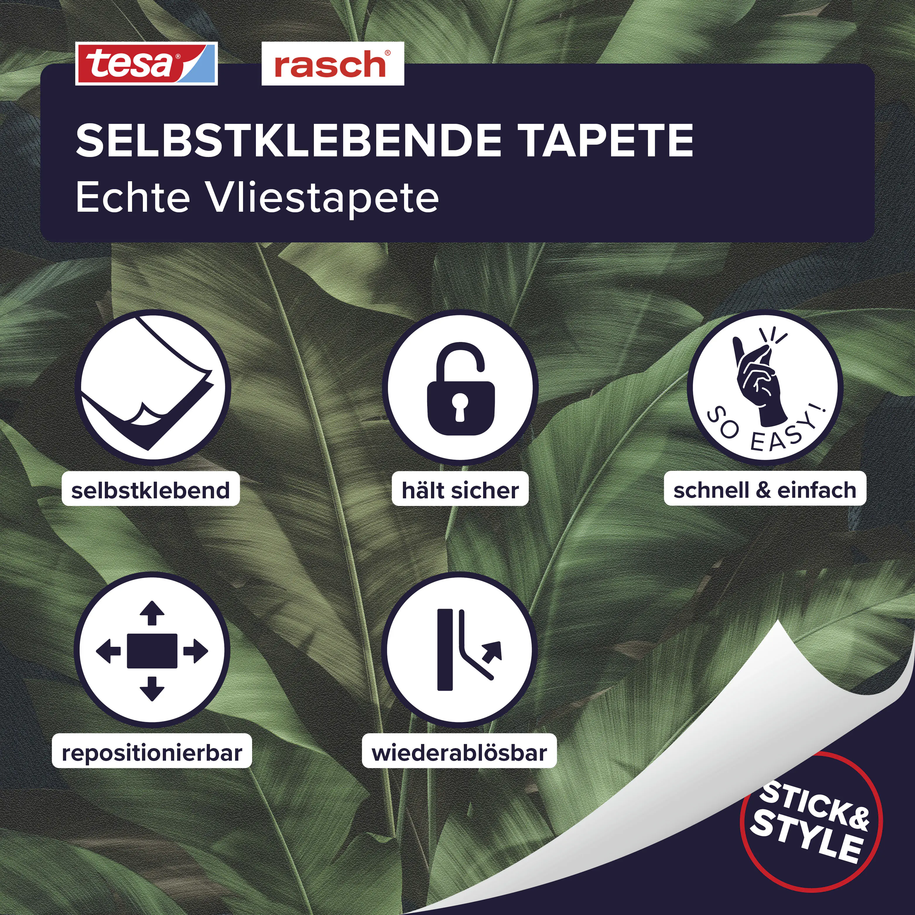 Tesa x Rasch selbstklebende Vliestapete Rio tropisches Blatt grün 6 x 0,53 m