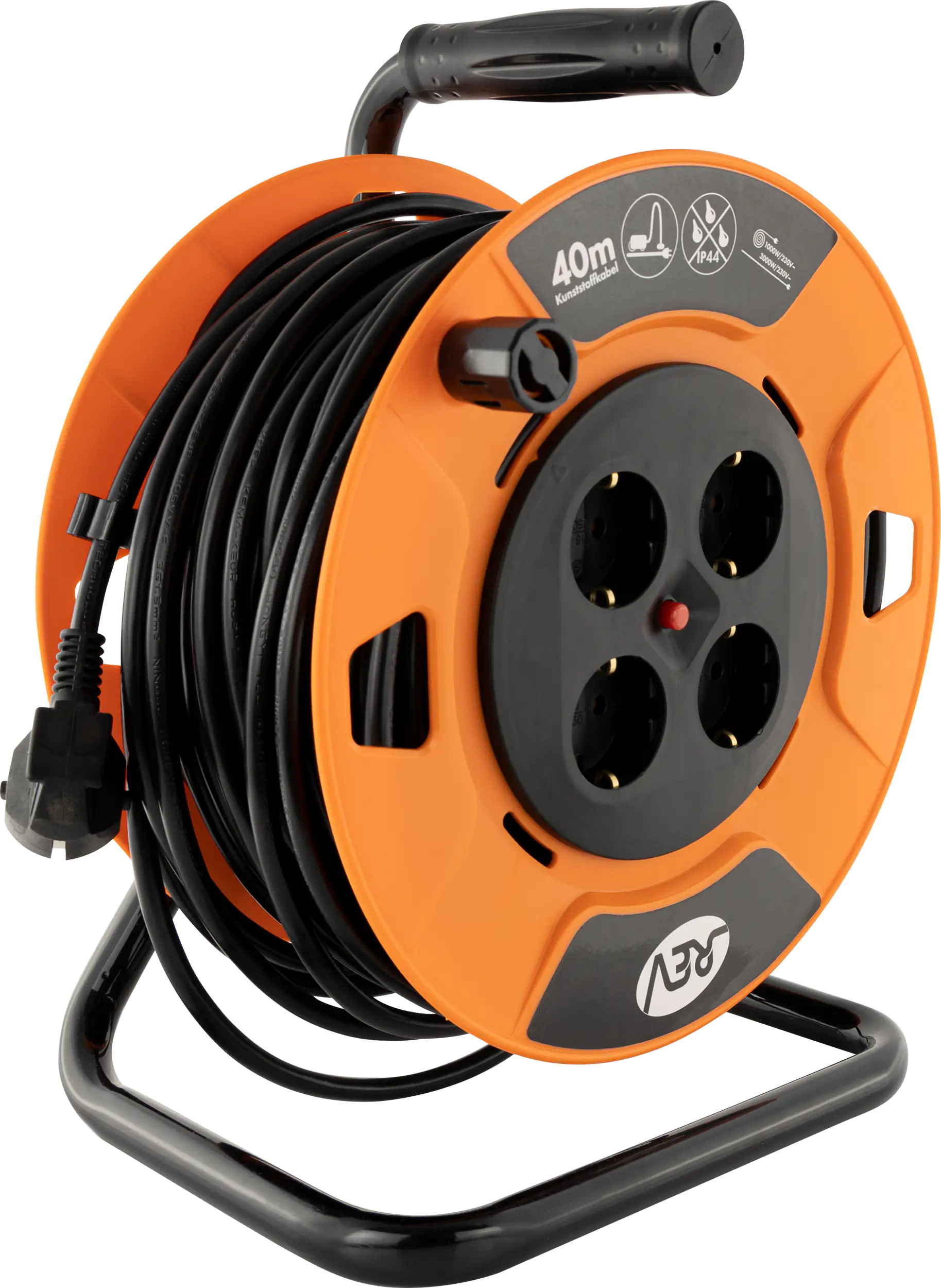 REV Kabeltrommel Innen 40 m H05VV-F3x1,5 mm², orange schwarz, 4x Schutzkontaktstecker