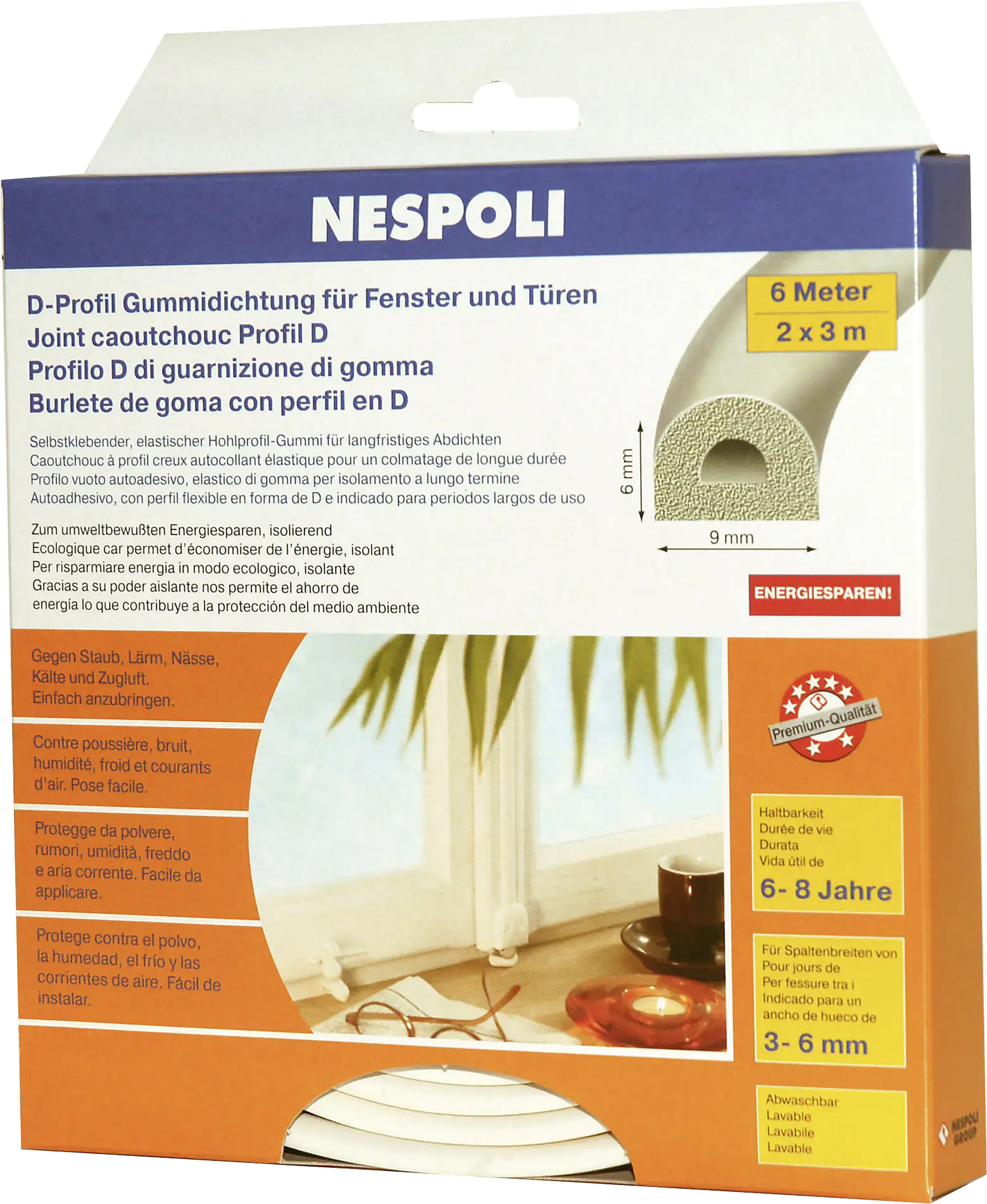 Nespoli Fenster- und Türdichtung mit D-Profil je 3 m, 9 x 6 mm, weiß, 2 Stück