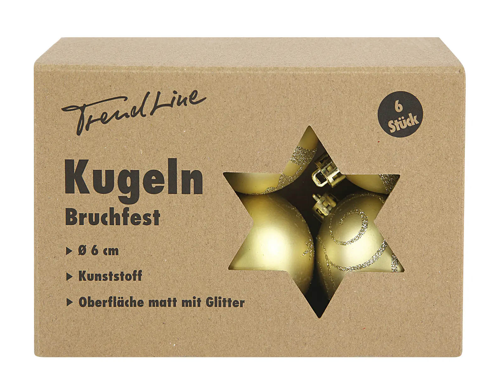 TrendLine Weihnachtskugeln bruchfest, langlebig Ø 6 cm gold mattiert 6 Stück