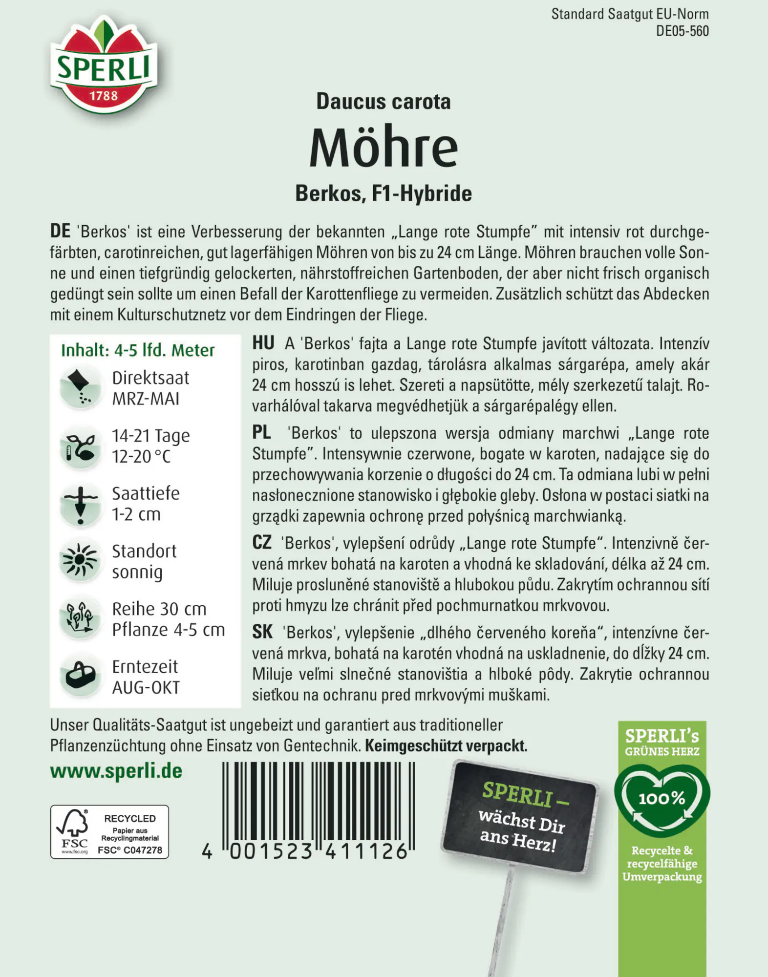 Sperli Saatgut Möhren Berkos F1 für bis zu 4-5 lfd. Meter