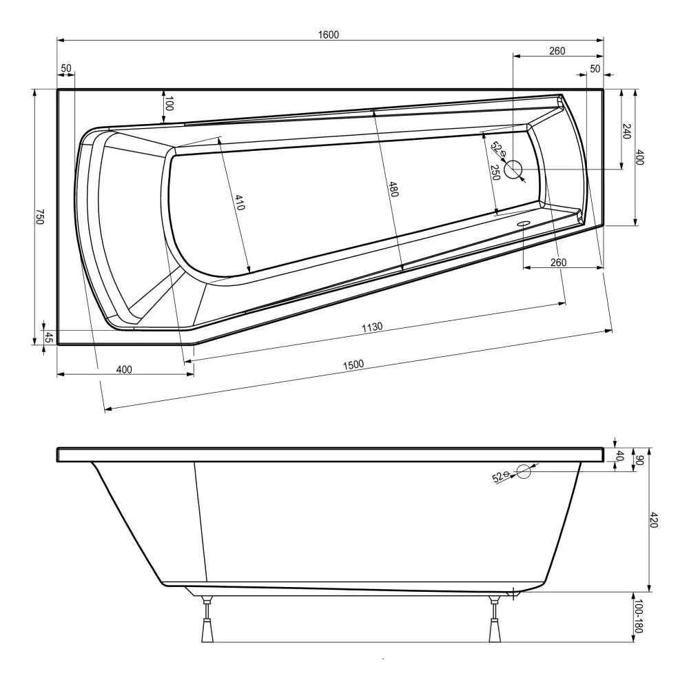 Ottofond Badewanne Bahia 160 x 75 cm, weiß, Modell B