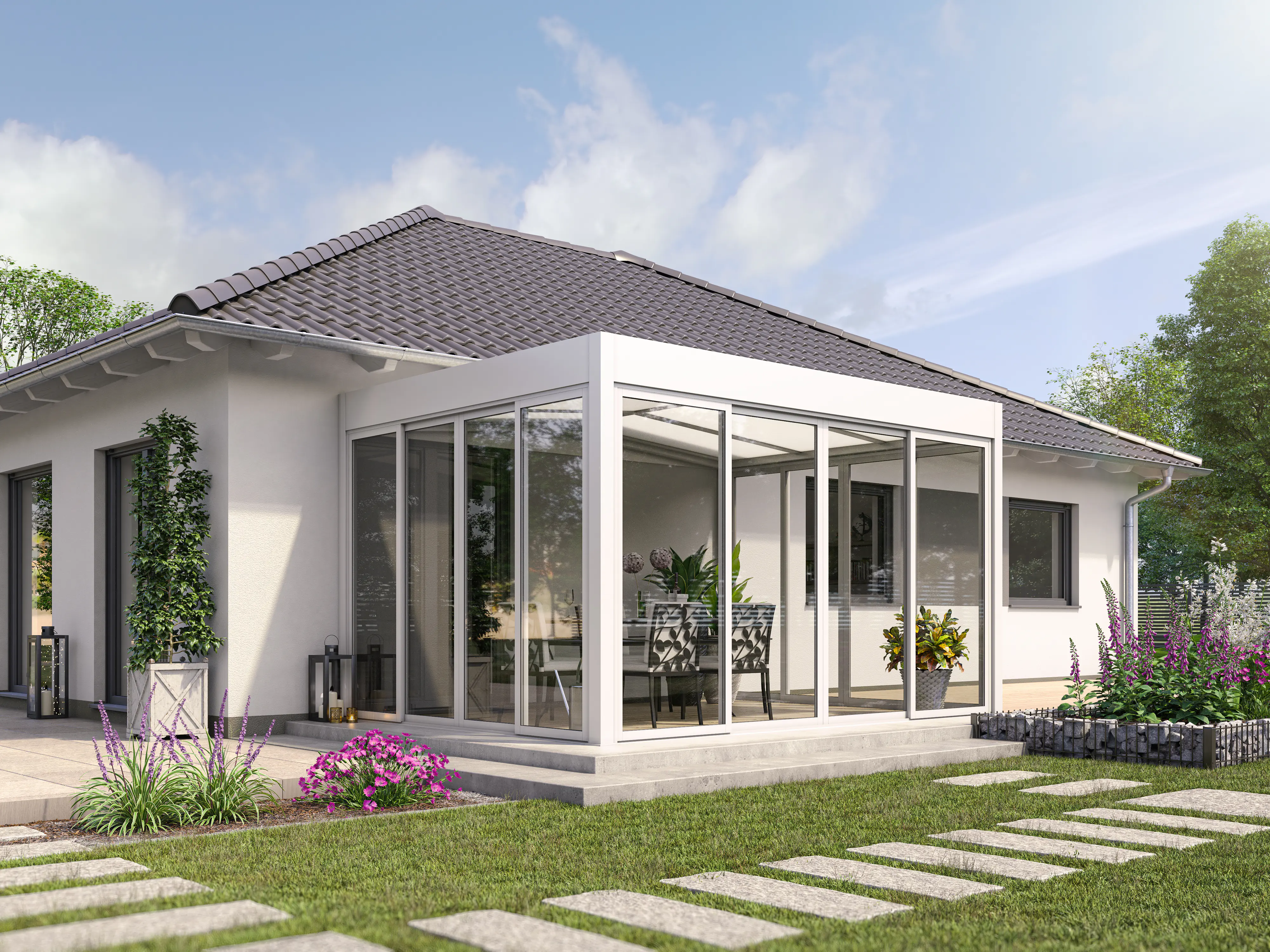 Wintergarten Modern 500 x 300 cm mit Glasschiebetüren weiß