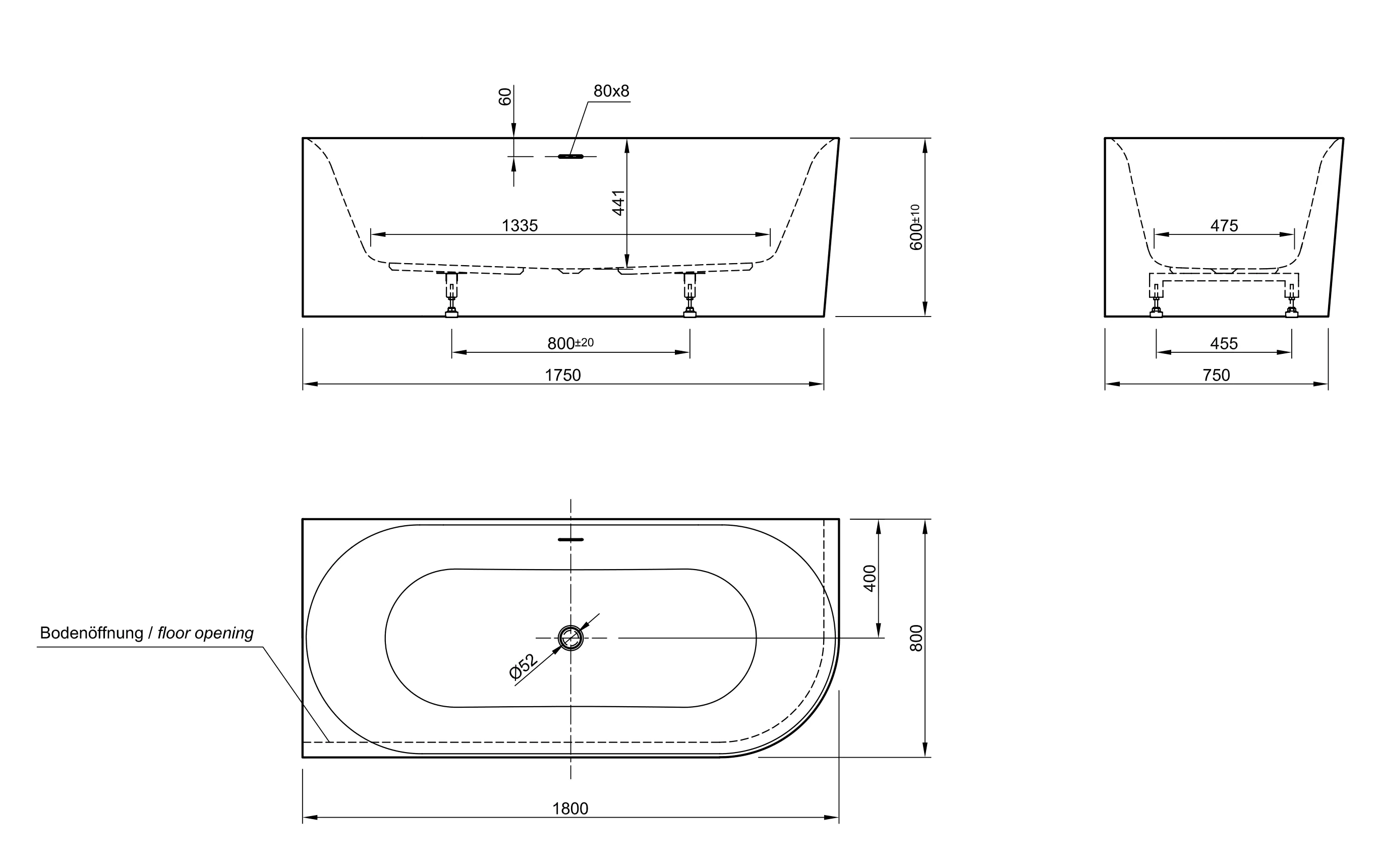 Ottofond Badewanne Mince Corner schwarz-weiß rechts 180 x 80 / 44 cm
