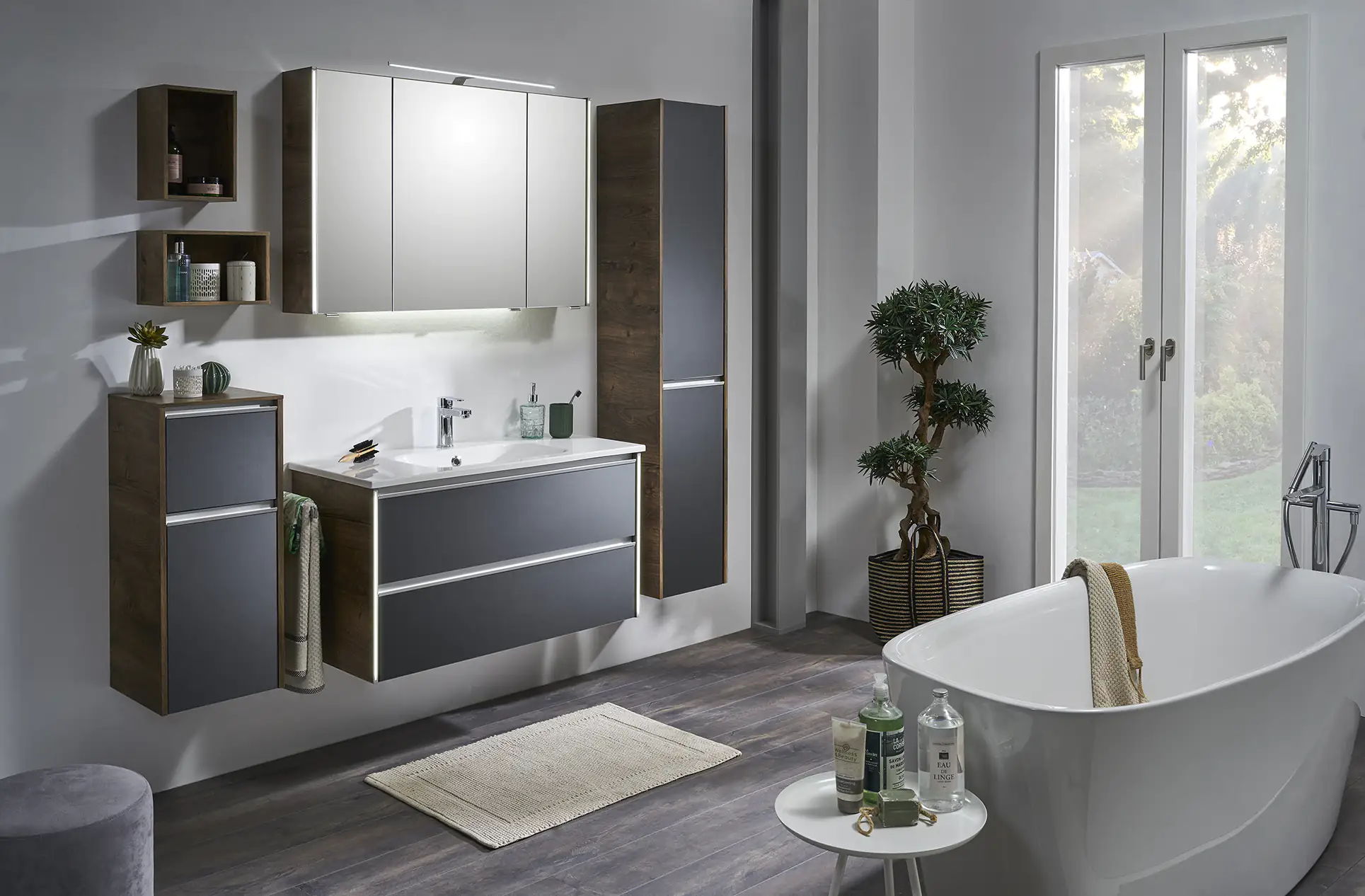 Pelipal Badmöbel-Set 6040 Stahlgrau/Eiche Ribbeck mit Waschplatzbeleuchtung 170 cm