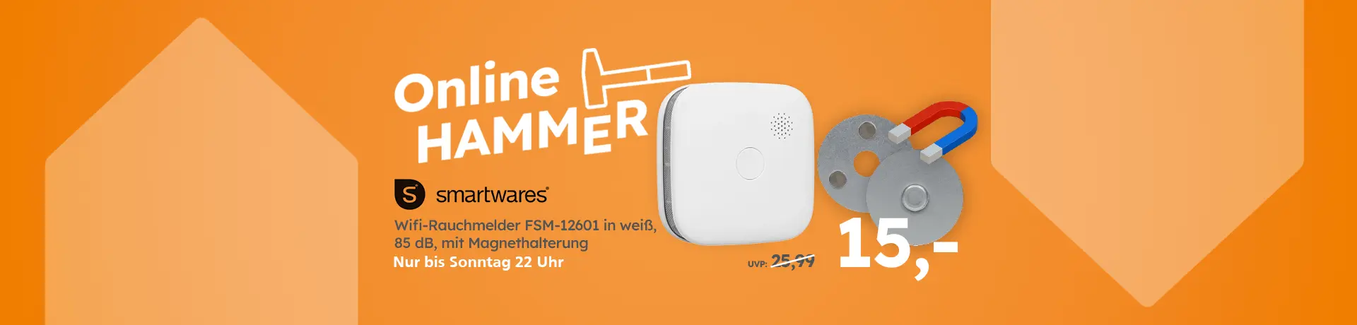 Online HAMMER: Smartwares WiFi-Rauchmelder FSM-12601, weiß, 85 dB, mit Magnethalterung für 15 €, nur bis Sonntag 22 Uhr.