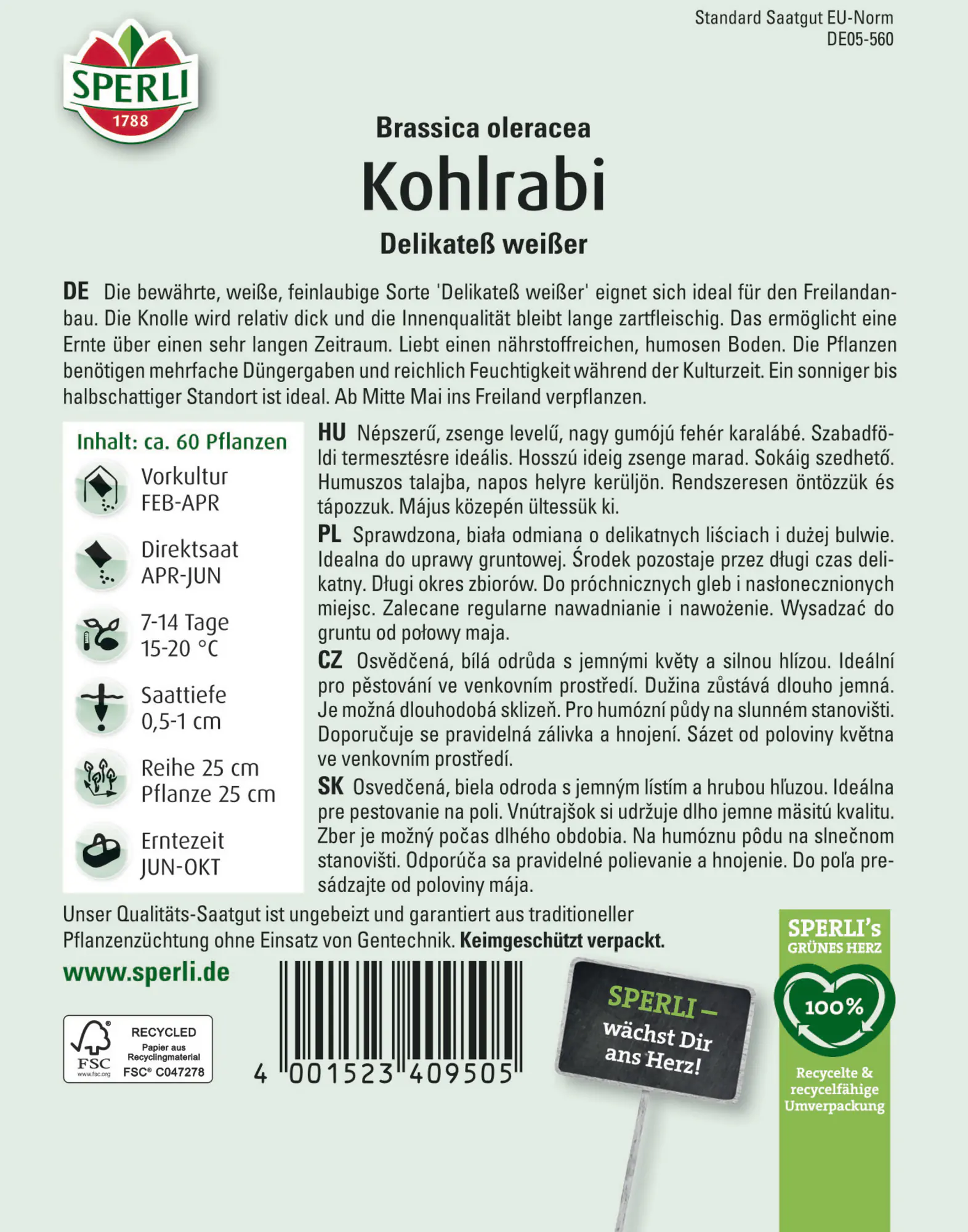 Sperli Saatgut Kohlrabi Delikateß Weißer für ca. 60 Pflanzen