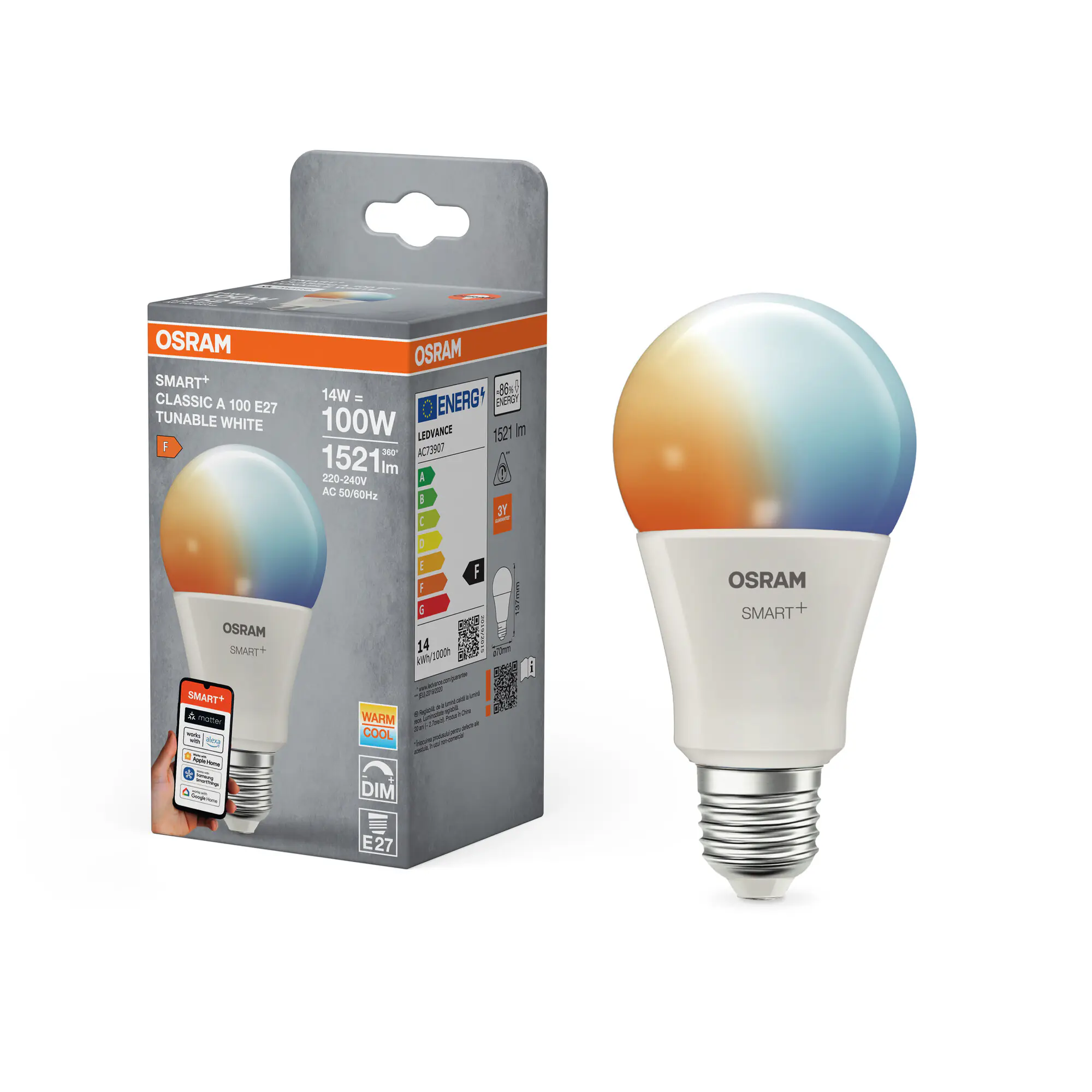 Osram LED Leuchtmittel Smart+ Matter Classic A100 E27 14 W einstellbares weiß dimmbar