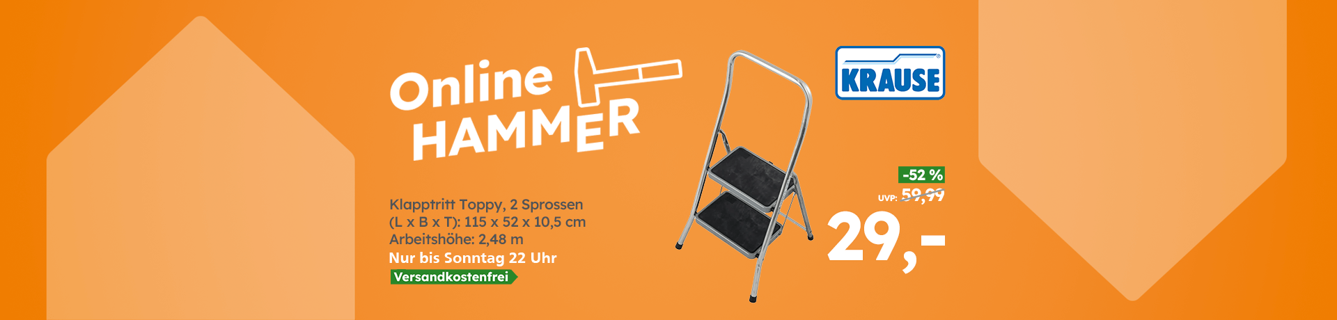 Online HAMMER: Krause Klapptritt Toppy, 2 Sprossen, Arbeitshöhe 2,48 m. Nur bis Sonntag 22 Uhr, 29,- statt 59,99 (-52%), versandkostenfrei.