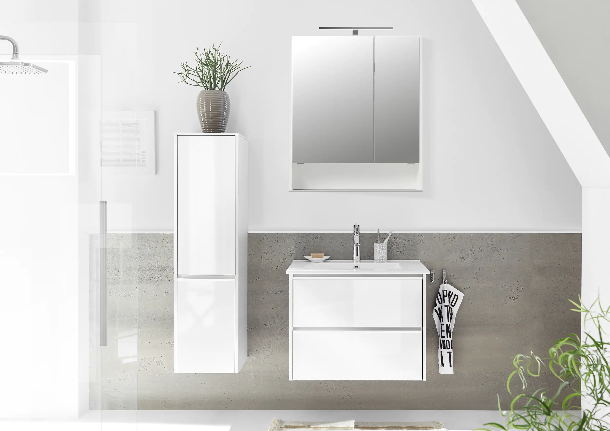 Pelipal Badmöbel-Set 6040 Schneeweiß Glanz/Weiß Glanz mit Keramik-Waschtisch + Midischrank 107 cm