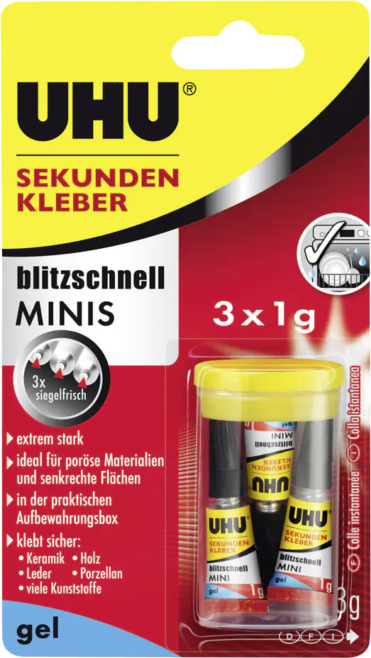 UHU Sekundenkleber blitzschnell Minis 3 x 1 g gel 3 g (3 x 1 g), in der praktischen Box