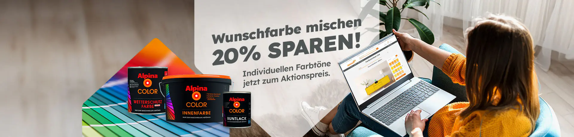 Wunschfarbe mischen, 20% sparen! Alpina Farben und Frau mit Laptop zur Farbauswahl. Individuellen Farbton jetzt zum Aktionspreis.