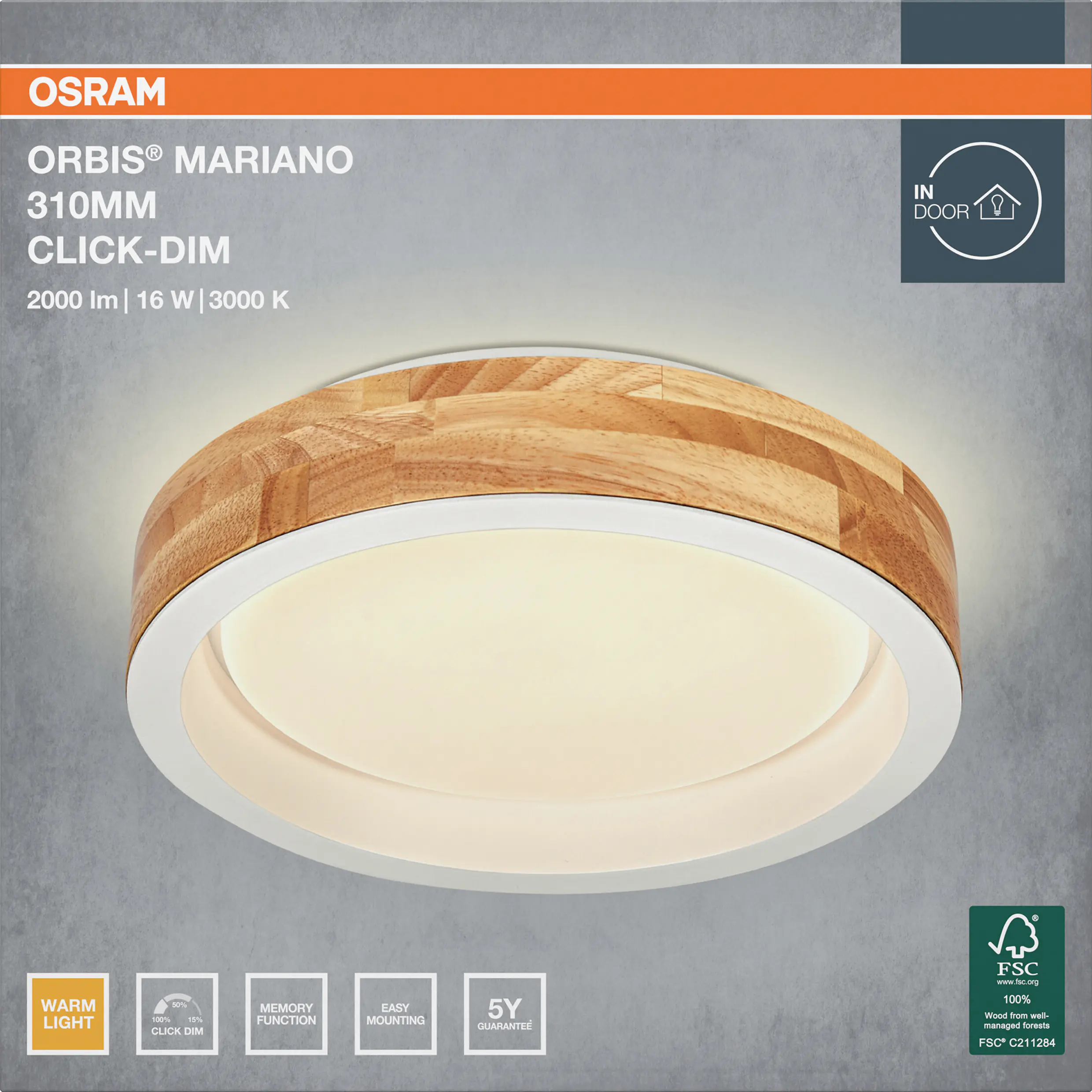 Osram LED-Deckenleuchte Orbis Mariano Ø31 cm 16 W Holzdekor weiß dimmbar