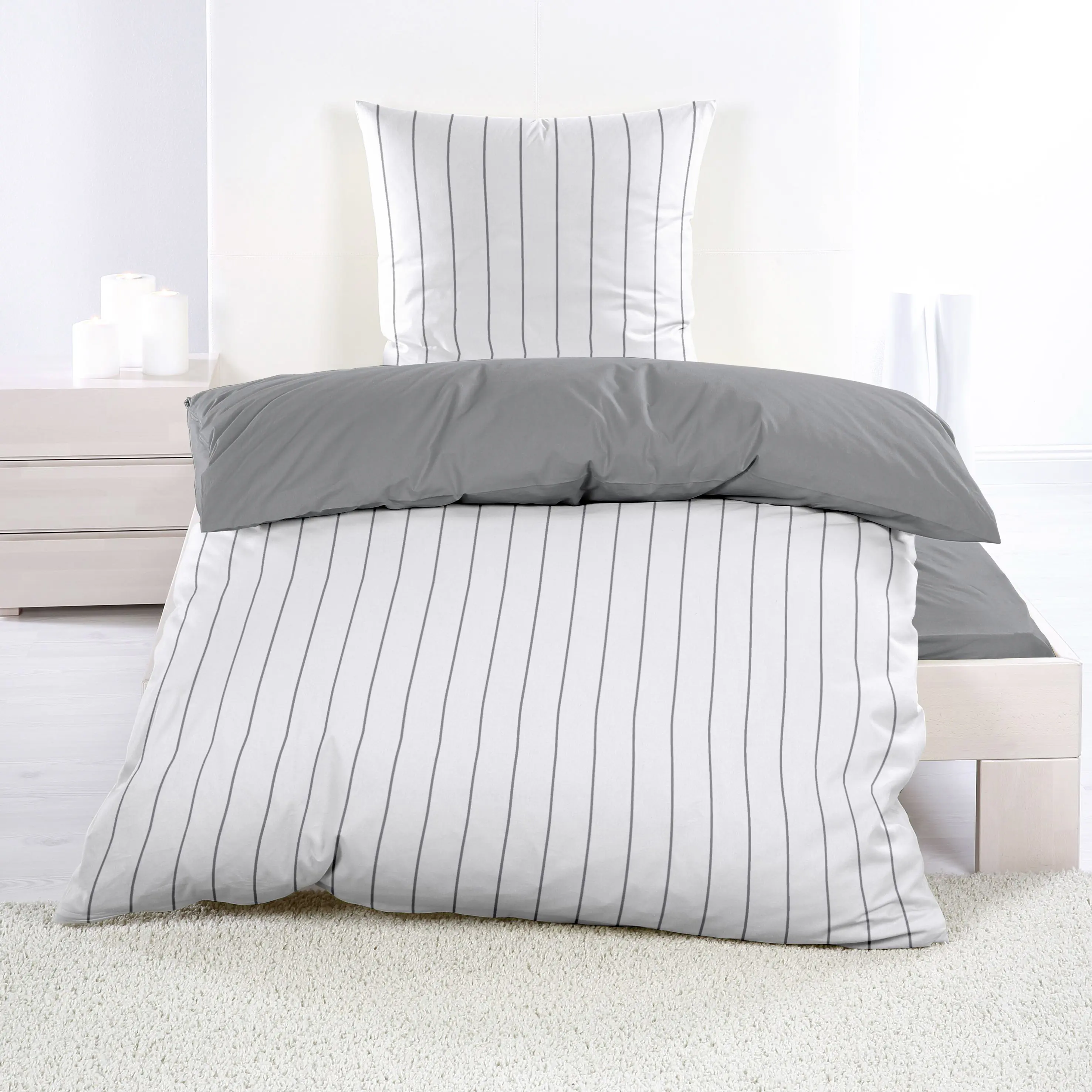 Bettwäsche Renforce Streifen grau wendbar 135 x 200 cm