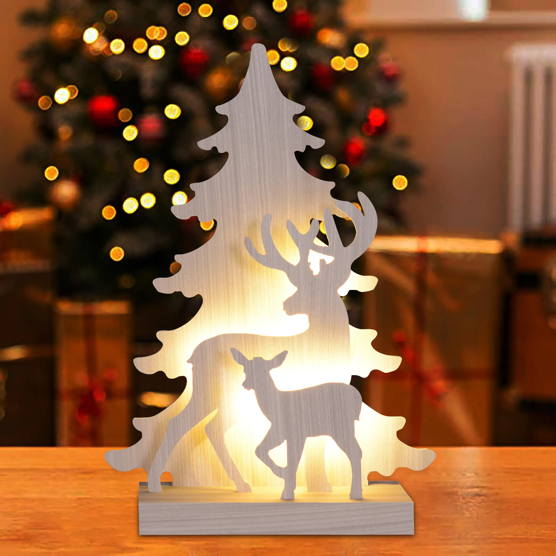 4333692377652 TrendLine LED Holzsilhouette Wald 41 x 29 cm warmweiß mit Timer