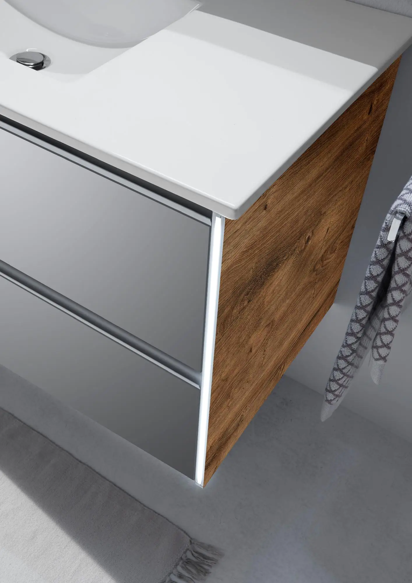 Pelipal Badmöbel-Set 6040 Stahlgrau/Eiche Ribbeck mit Keramik-Waschtisch + Midischrank 134 cm