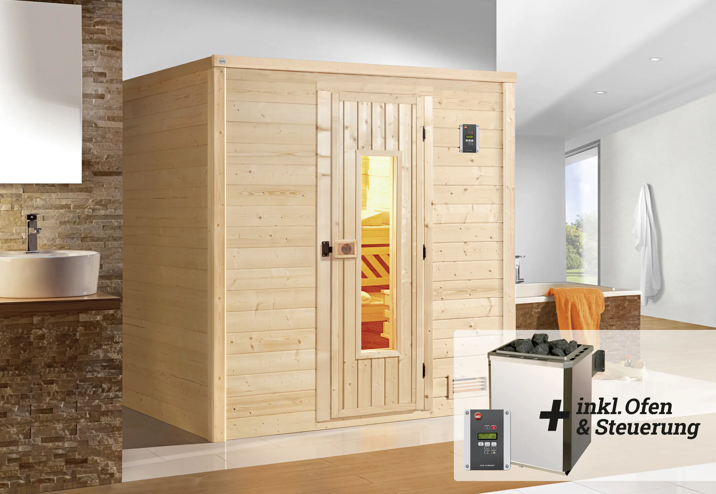 Weka Premium Massivholz-Sauna Bergen Gr. 2 Sparset 7,5 kW OS